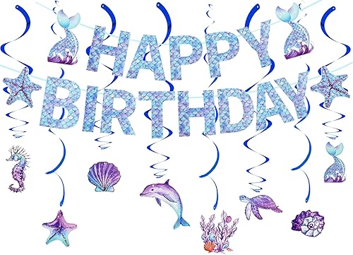 BEISHIDA Juego de 8 carteles de feliz cumpleaños con temática del mar, guirnalda de remolinos colgantes con pancarta de feliz cumpleaños, juego de