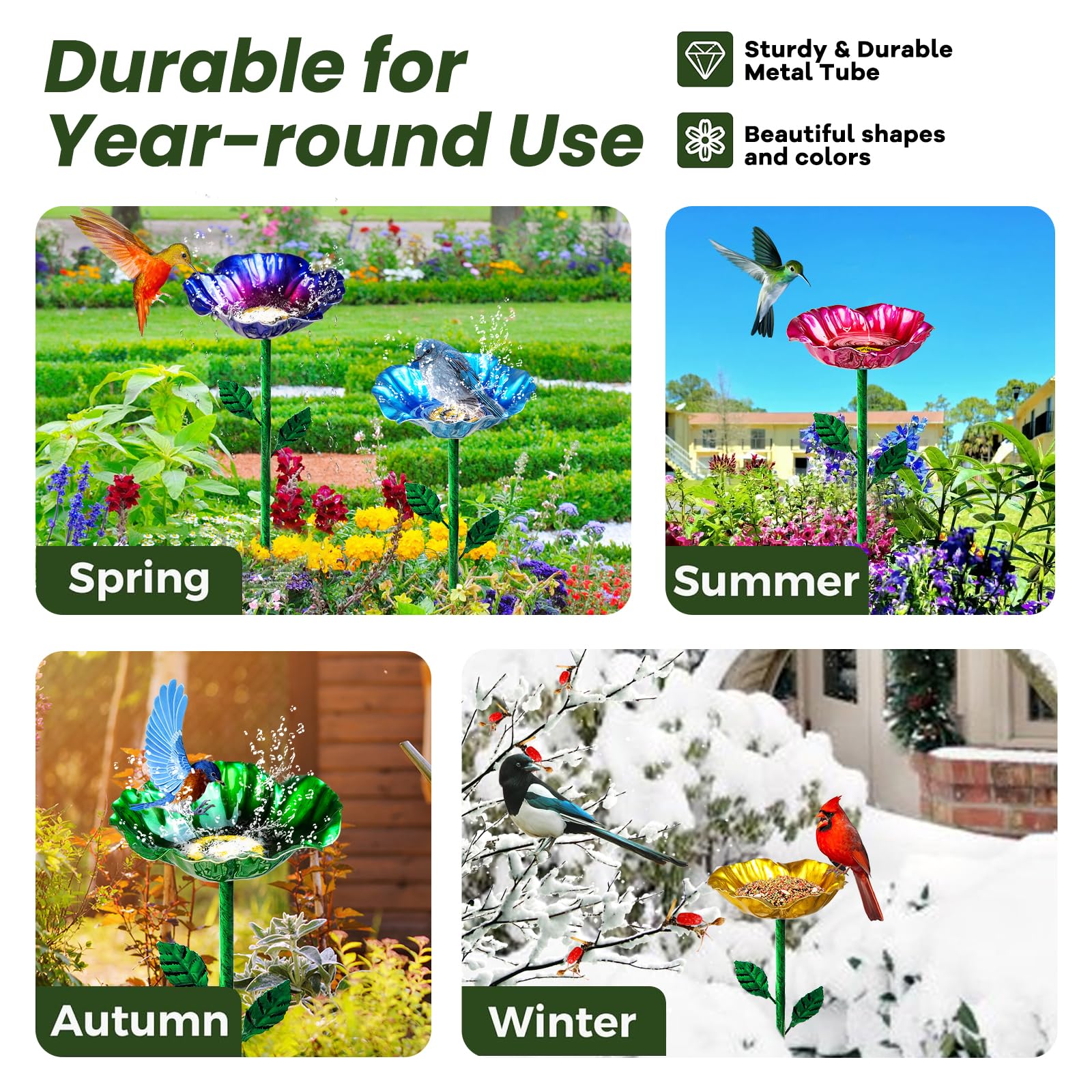 Baños de metal para pájaros para exteriores, baño de pájaros de jardín y comederos para pájaros con estaca de metal, comedero de colibrí para decoración de césped al aire libre (5 piezas)