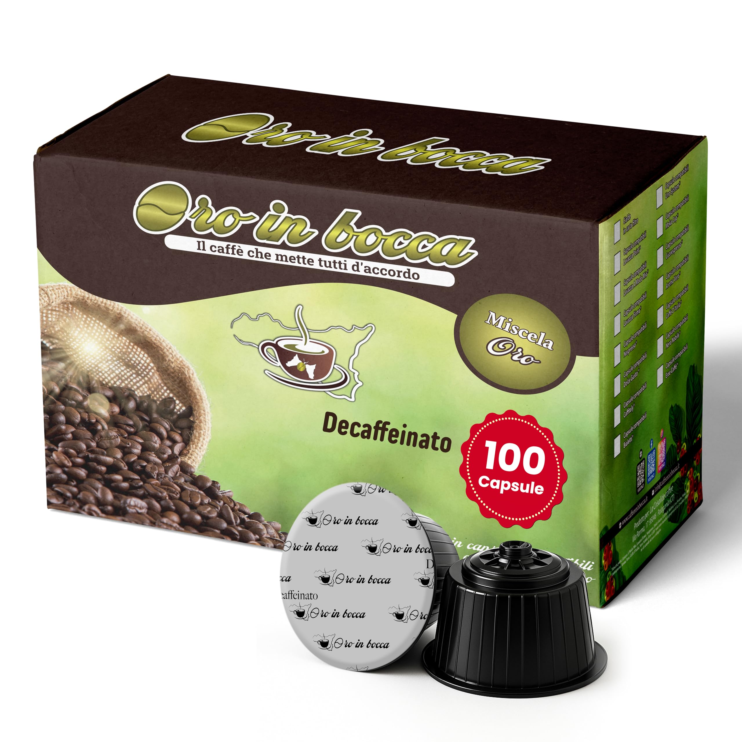 Oro in Bocca 100 Capsule Caffè Decaffeinato Compatibili con Nescafé Dolce Gusto, Caffè Espresso Decaffeinato 70% Arabica 30% Robusta, Gusto Morbido e Bilanciato, Aroma Dolce, Made in Italy (100, DEK)