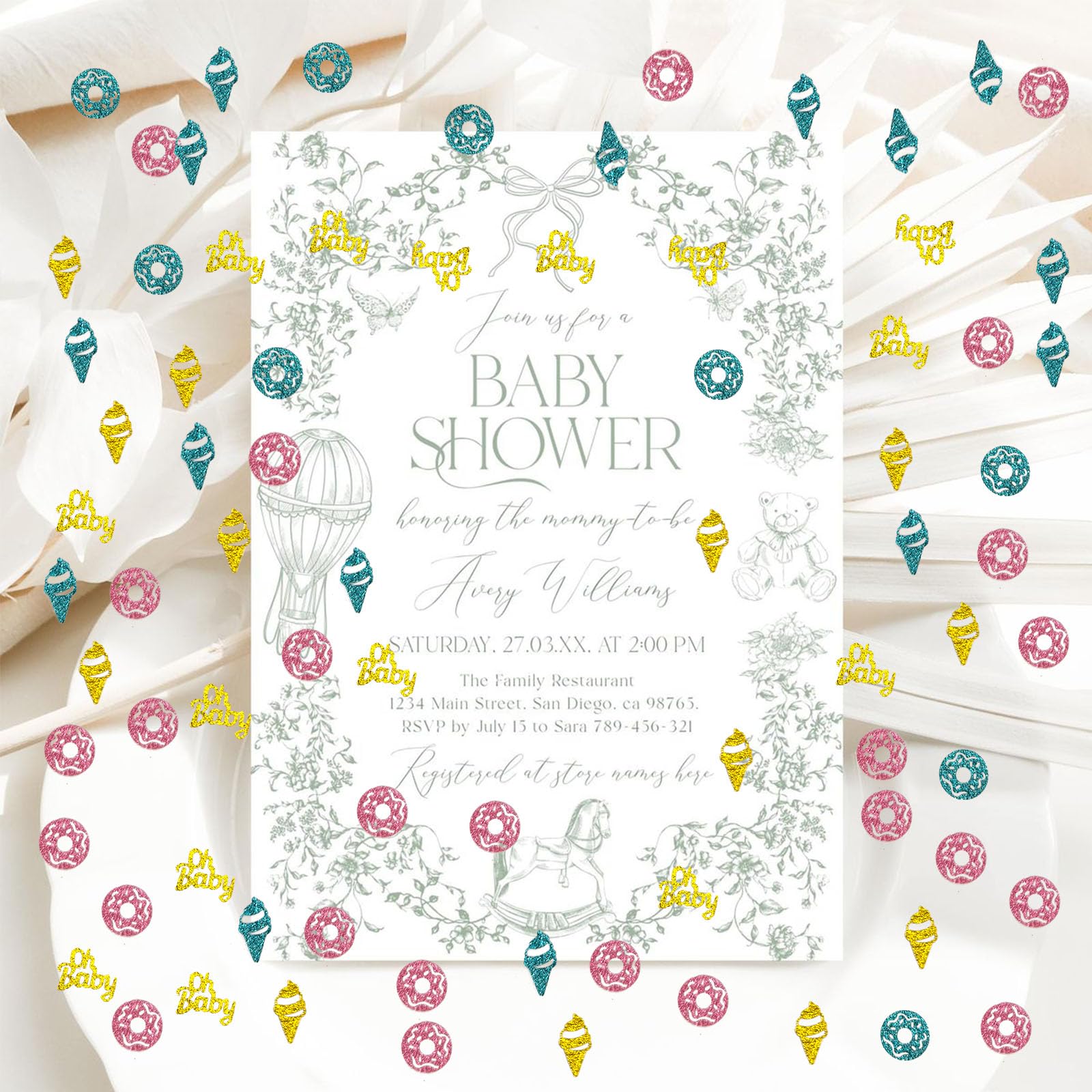 Gender Reveal Konfetti für Tischdekorationen, glitzernde rosa blaue Oh Baby Pailletten Metallic Folie Donut Eiscreme Tischkonfetti für Babyparty Geburtstag Party Supplies