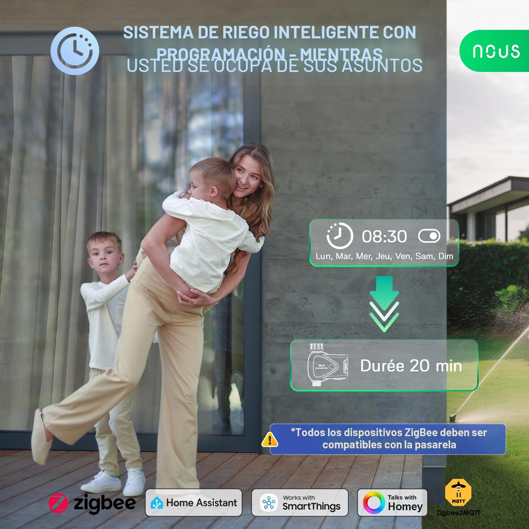 NOUS ZigBee - Válvula de Grifo Inteligente, Control de riego IP66, Compatible con Alexa, Google Assistant, Smart Life, Temporizador y Control Remoto de Aplicaciones, Funciona con Pilas, 3/4 Pulgadas