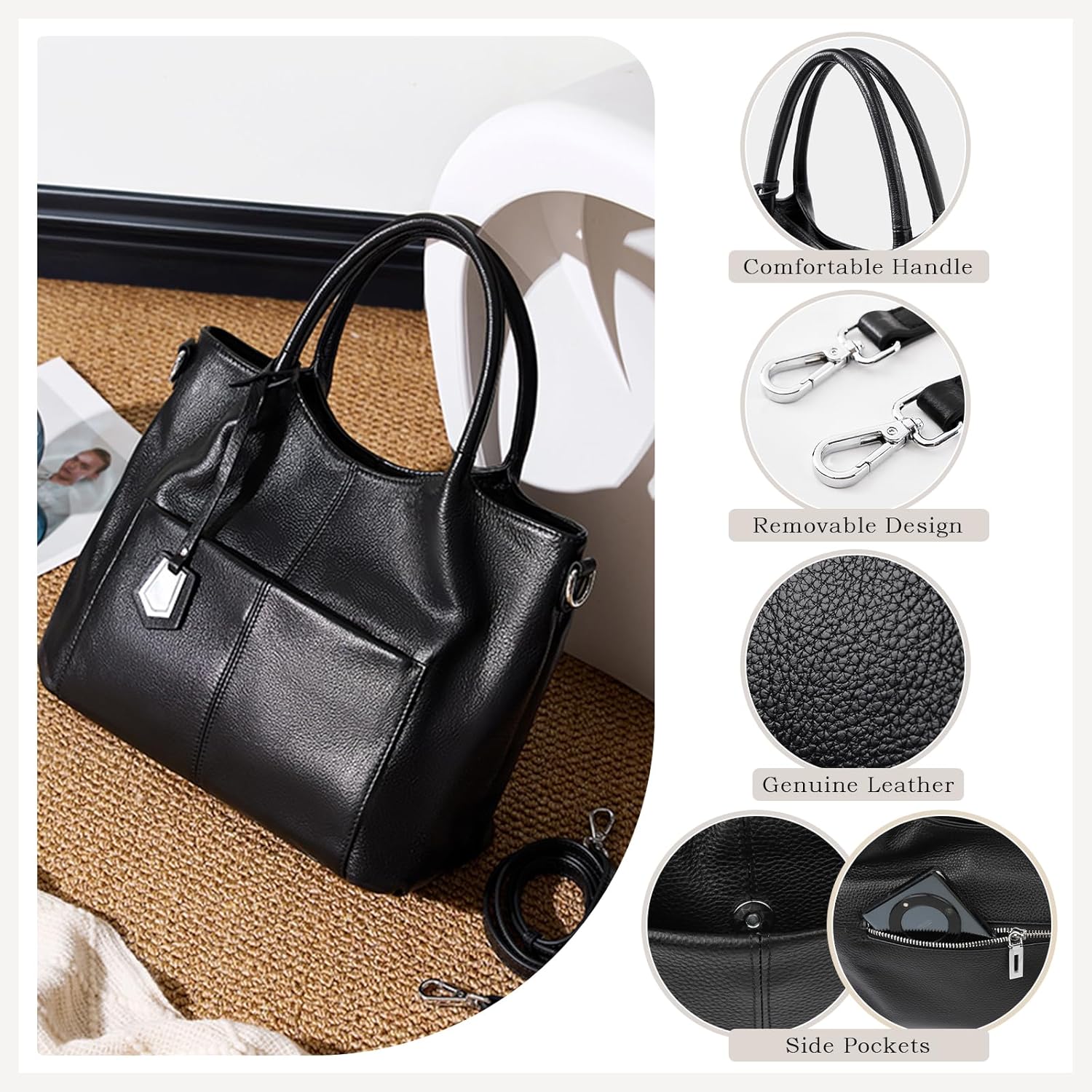 Leather Tote Bag for Women, Genuine Leather Handbags and Purses for Work with Adjustable Strap, Large Capacity - Image 4