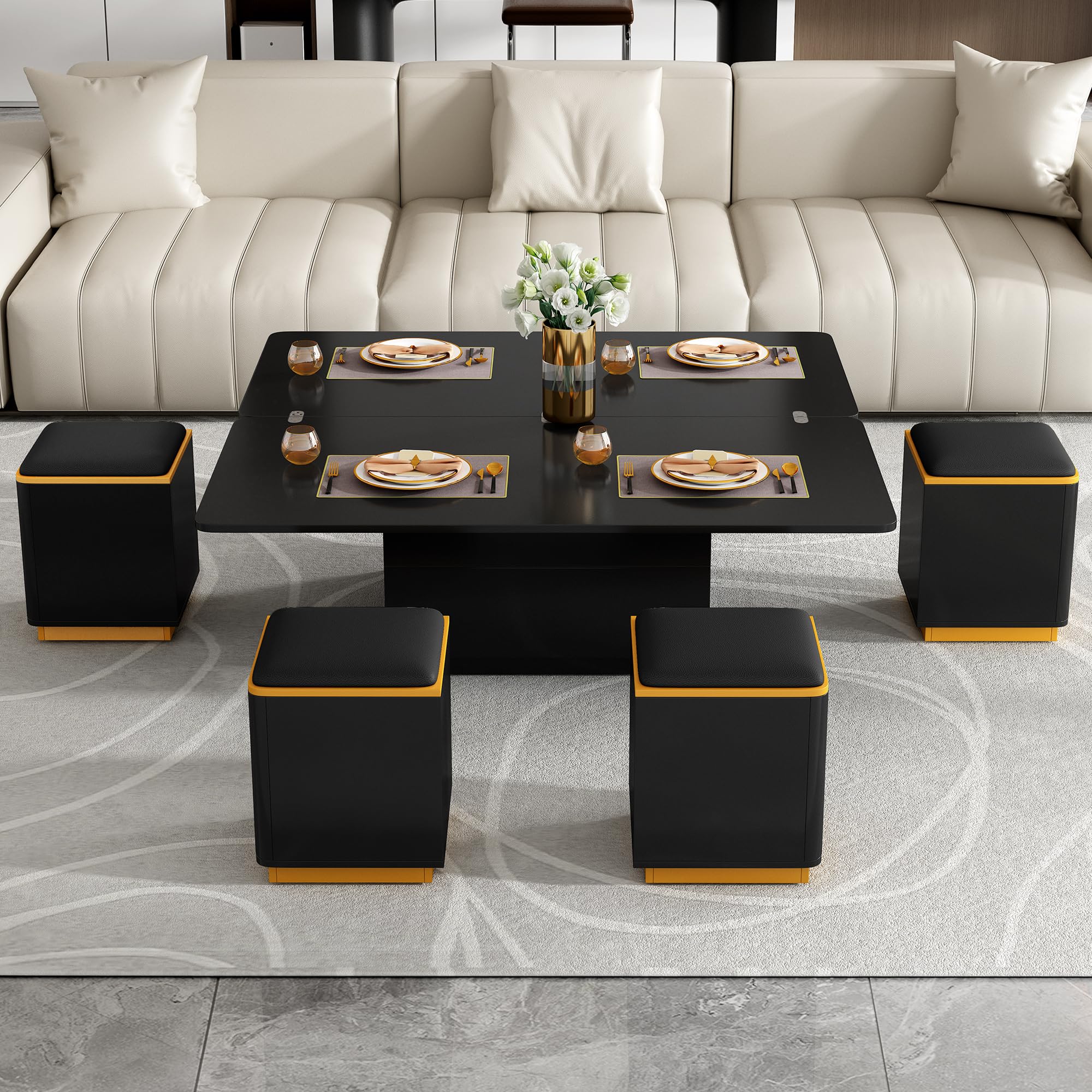 Tdewlye Lift-Top Coffee Table with 4 Storage Stools,Center Table with Foldable Top,Adjustable Coffee Table for Living Room Office Dining Area (Black#