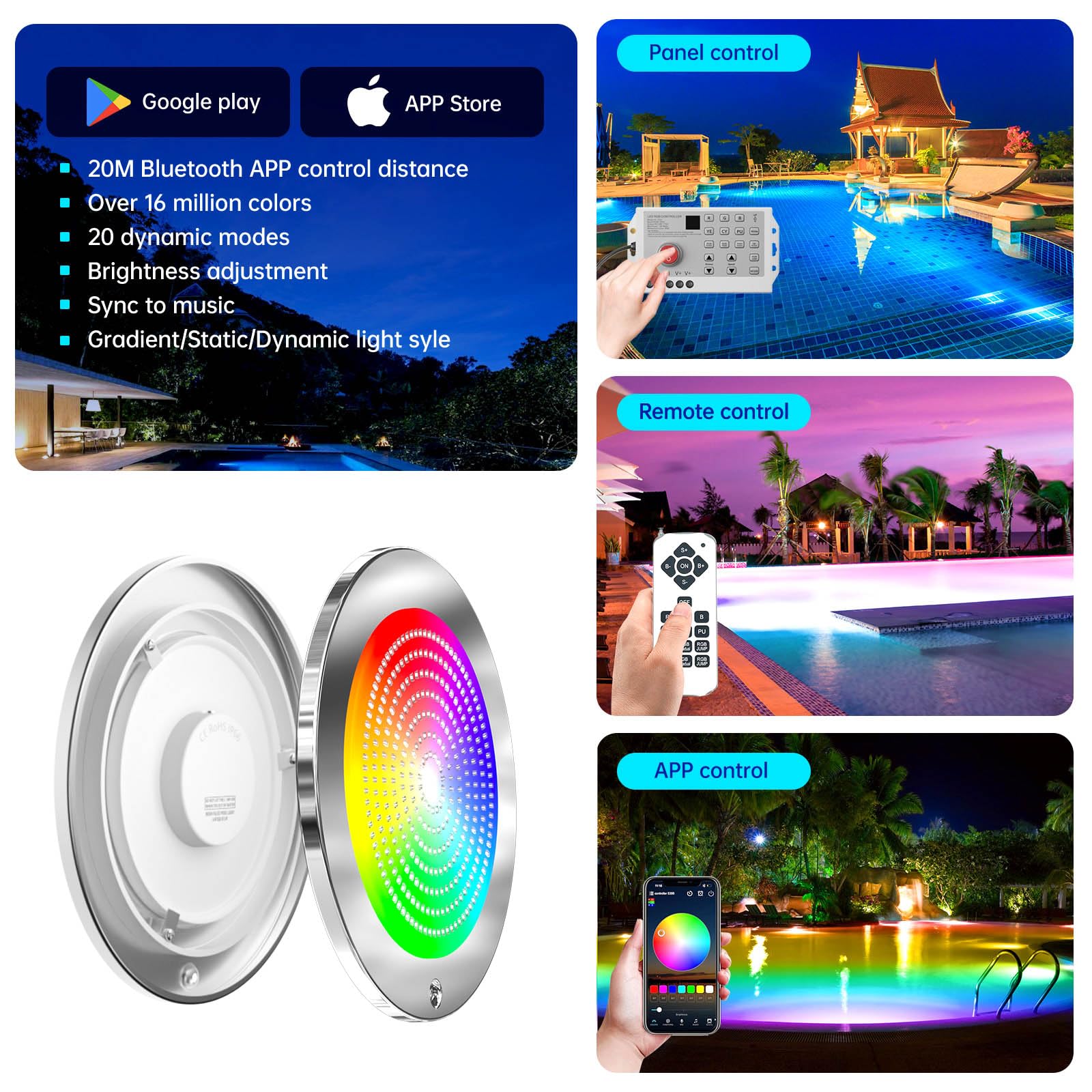 Poolleuchten für Innenpool, 1,8 m, 54 W, 25,4 cm, LED-Innenpool-Licht mit 3 Steuerungsmöglichkeiten (App/Fernbedienung/Controller), Farbwechsel-Unterwasser-Schwimmbad-Licht für 25,4 cm große