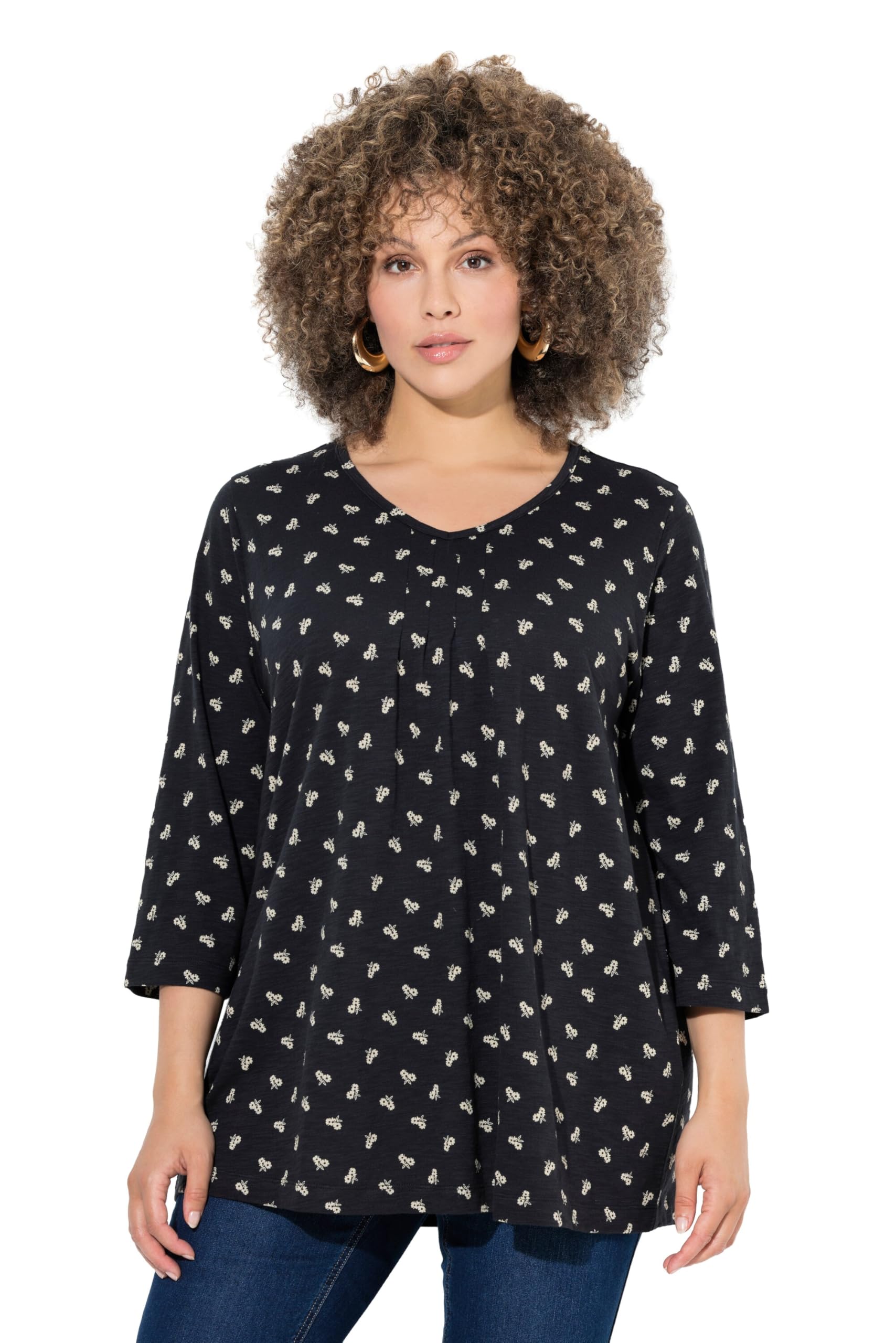 Ulla Popken Damen große Größen Übergrößen Plus Size Shirt, Blüten, A-Linie, V-Ausschnitt, 3/4-Arm 843690