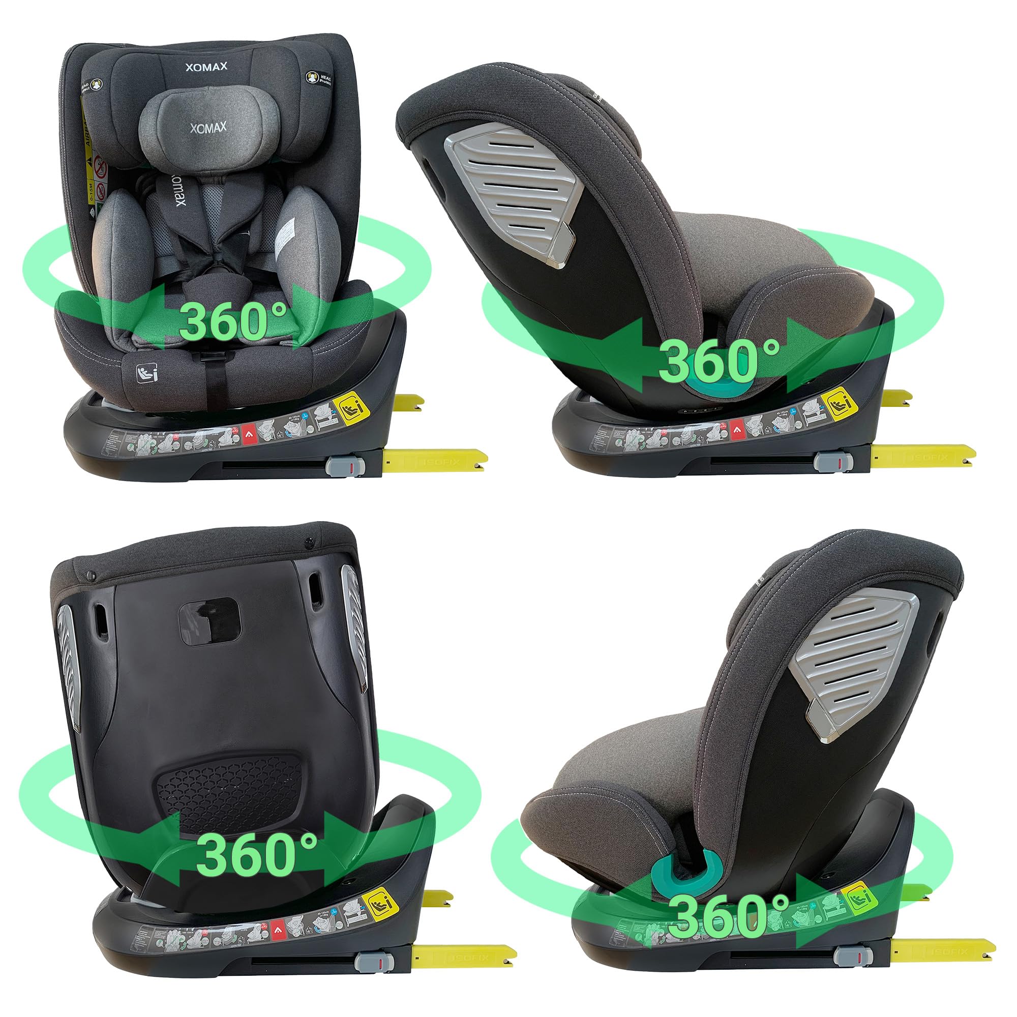 XOMAX G409 - Seggiolino girevole a 360°, base ISOFIX I con crescita, 0 – 36 kg, 0 – 12 anni, gruppo 0+/1/2/3, cintura a 5 punti, cintura a 3 punti, rivestimento lavabile I ECE R129