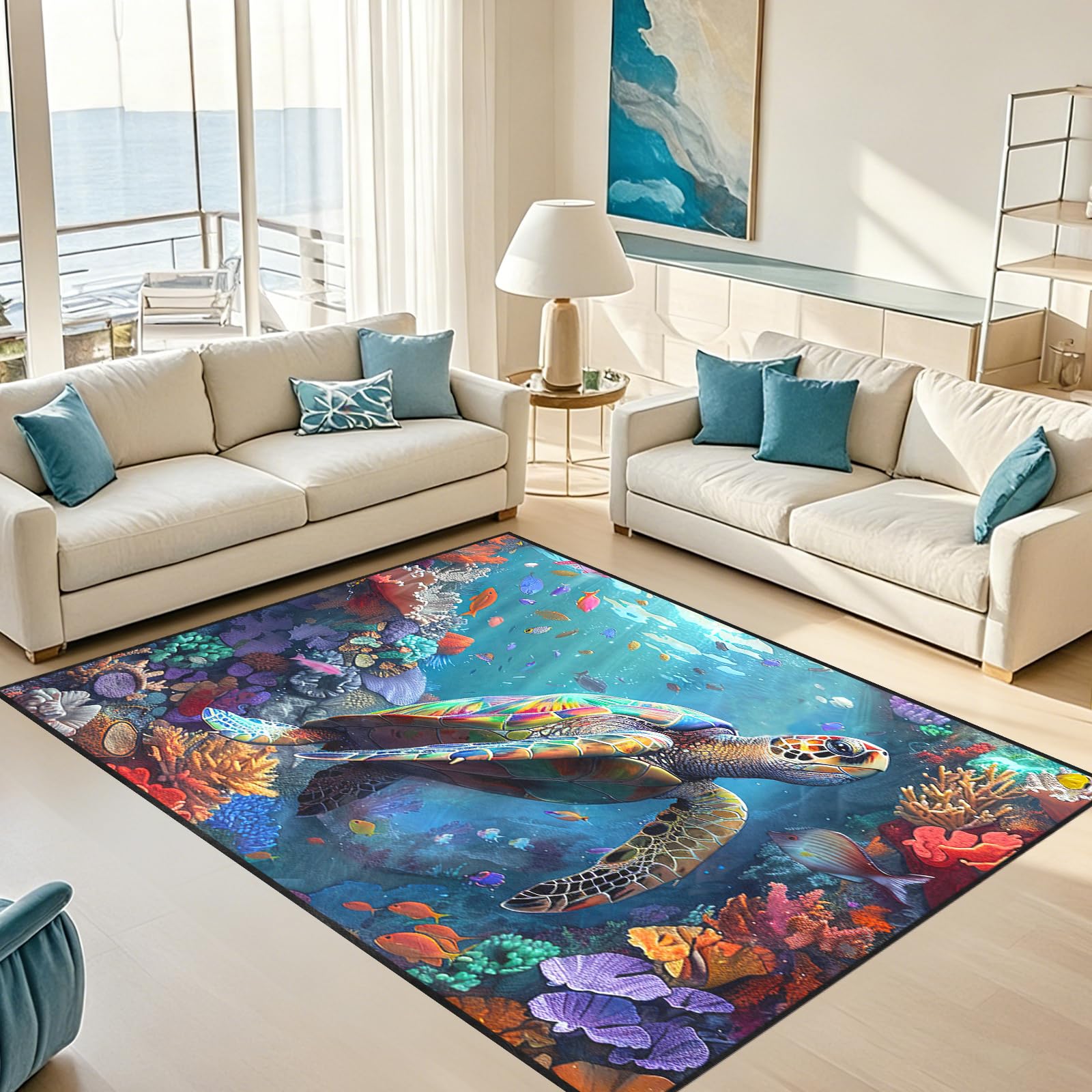 Sea Turtle Rug - Ocean Animal Theme Area Rug Blue Turtle Coral Printted Carpet Sea Animal Underwater Carpet Sea Turtle Mat for Kids Bedroom Living