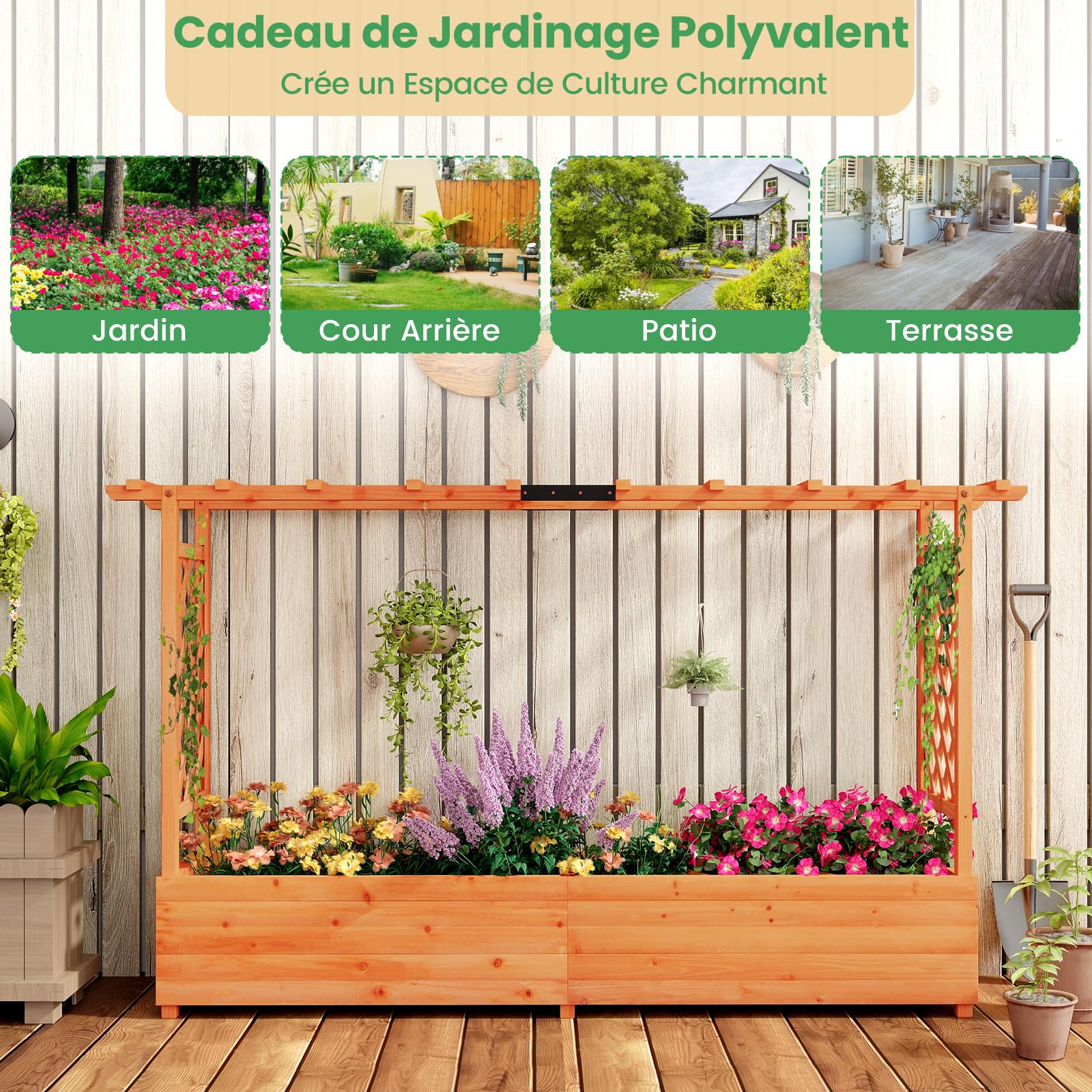 RELAX4LIFE Jardinière Surélevée avec Treillis Latéral & Supérieur, Jardinière sur Pied avec Treillis&Trous de Drainage, Conteneur de Plantes Vertical Pourvignes Grimpantes (200x44x114CM)