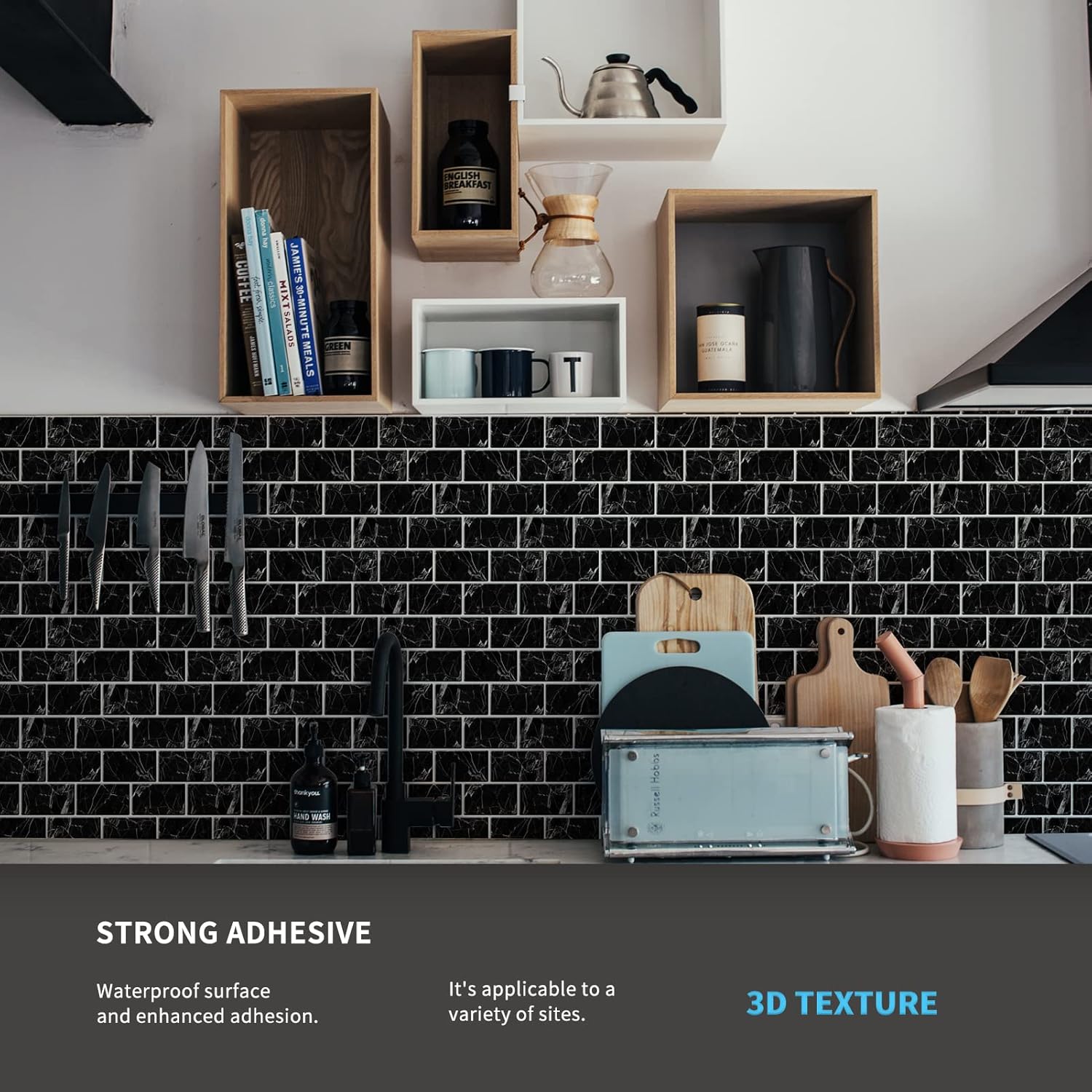 Black Marble Peel and Stick Rectangular Backsplash Tiles