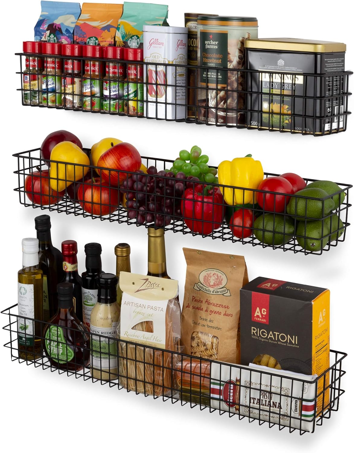 Wall35 Kansas Wall Mounted Black Bookshelf for Kids' Room Decor, Metal Wire Storage Basket Set of 3 (Varying Sizes)