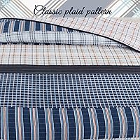 Vista 6 de Cozy Line Home Fashions Bennett - Juego de ropa de cama acolchada, diseño náutico de cuadrícula a rayas azul marino naranja, 100% algodón, colcha