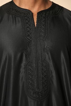 Men's Moroccan Thobe Black Gandoura Short Sleeve Jubba Islamic Clothing Kaftan Eid Robe Arab Embroidery