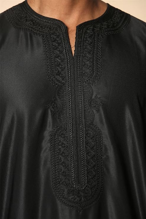 Men's Moroccan Thobe Black Gandoura Short Sleeve Jubba Islamic Clothing Kaftan Eid Robe Arab Embroidery