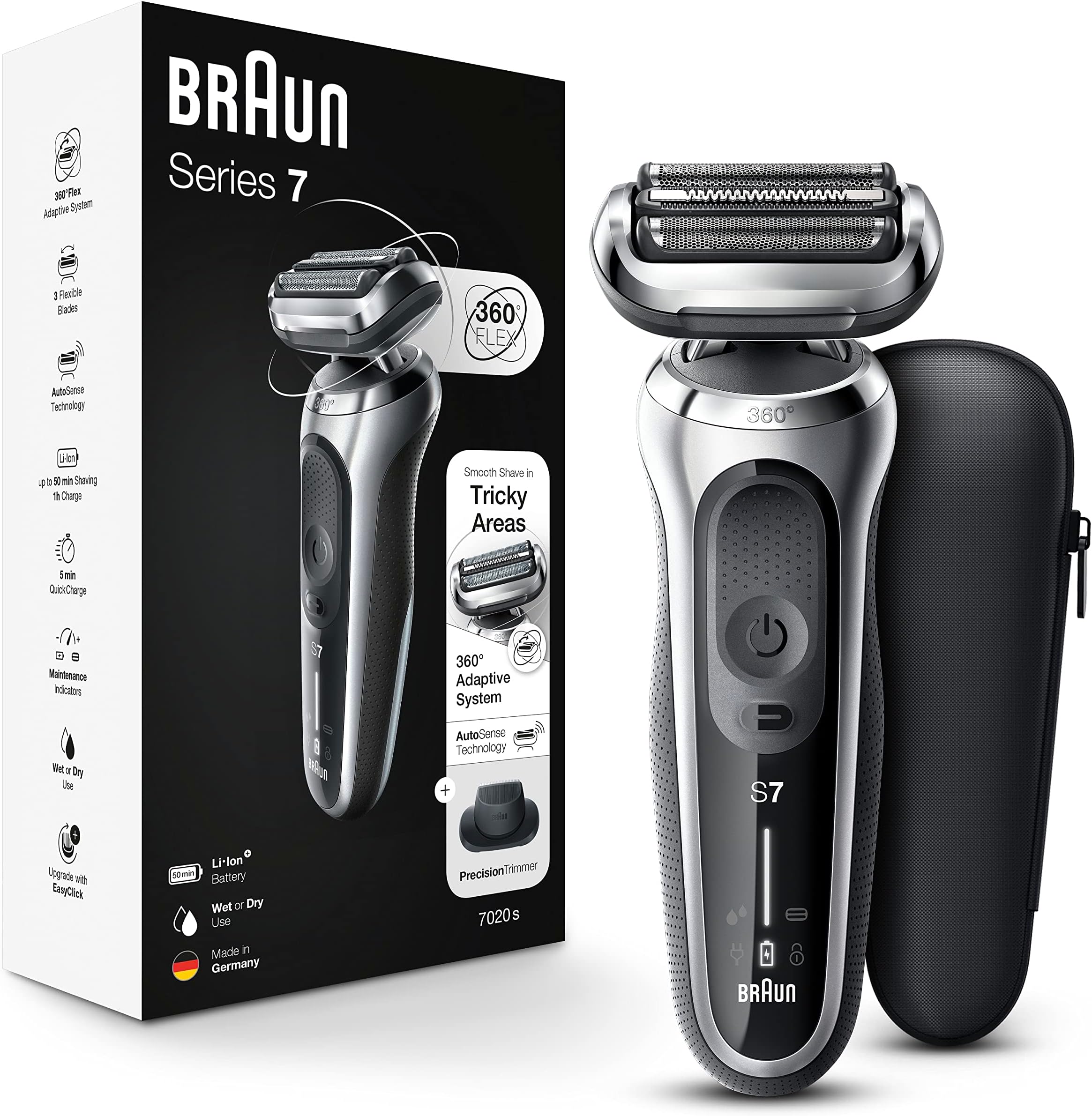 Electric Razor for Men, Series 7 360 Flex Head Foil Shaver with Precision Beard Trimmer, Rechargeable, Wet & Dry and Travel Case, Black, 5 Piece Set