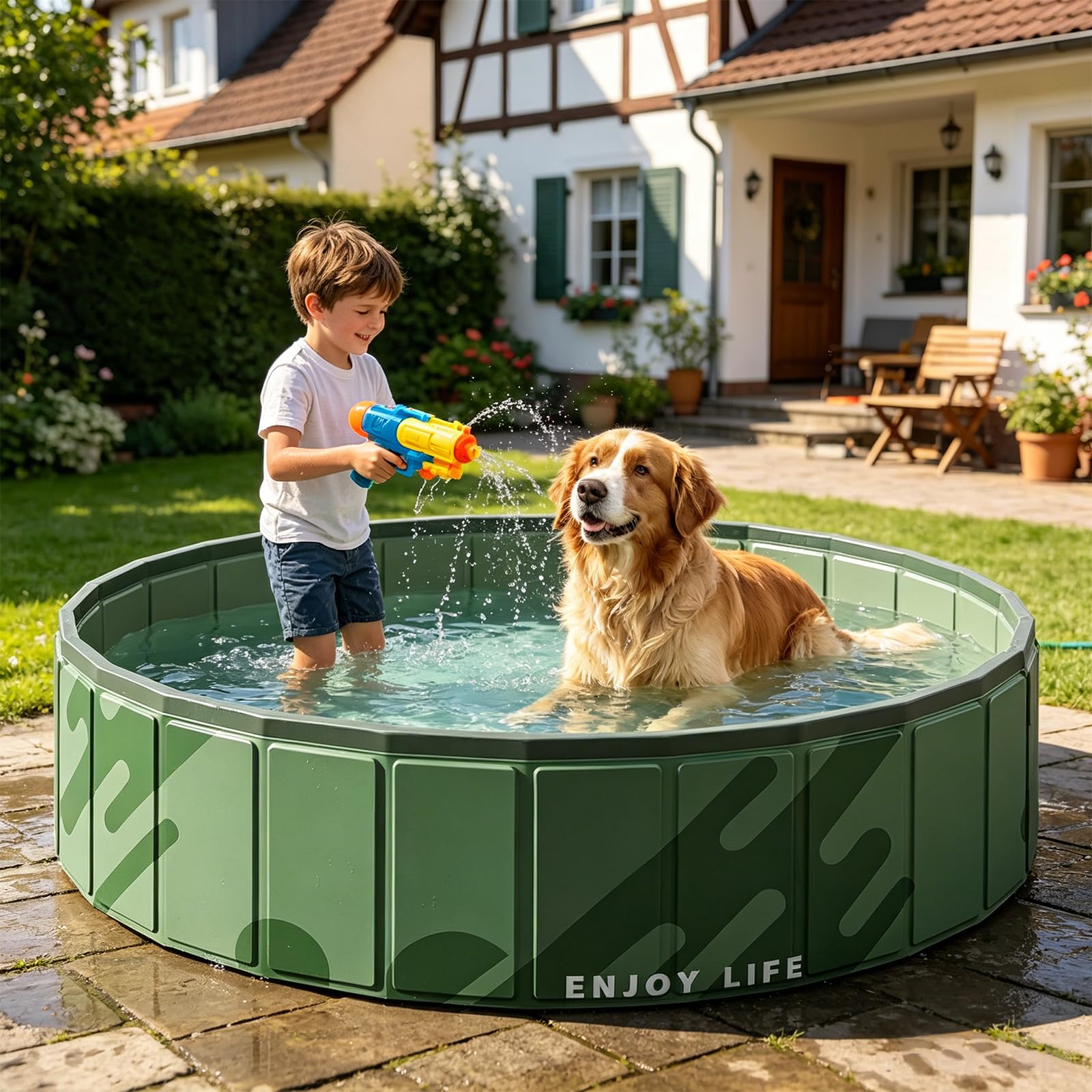 Piscine pliable pour chiens avec bonde Vert 120 x 30 cm | Pataugeoire portable pour chien - Piscine pour chien - Évacuation au sol - Antidérapante - Piscine pour chien - Piscine à
