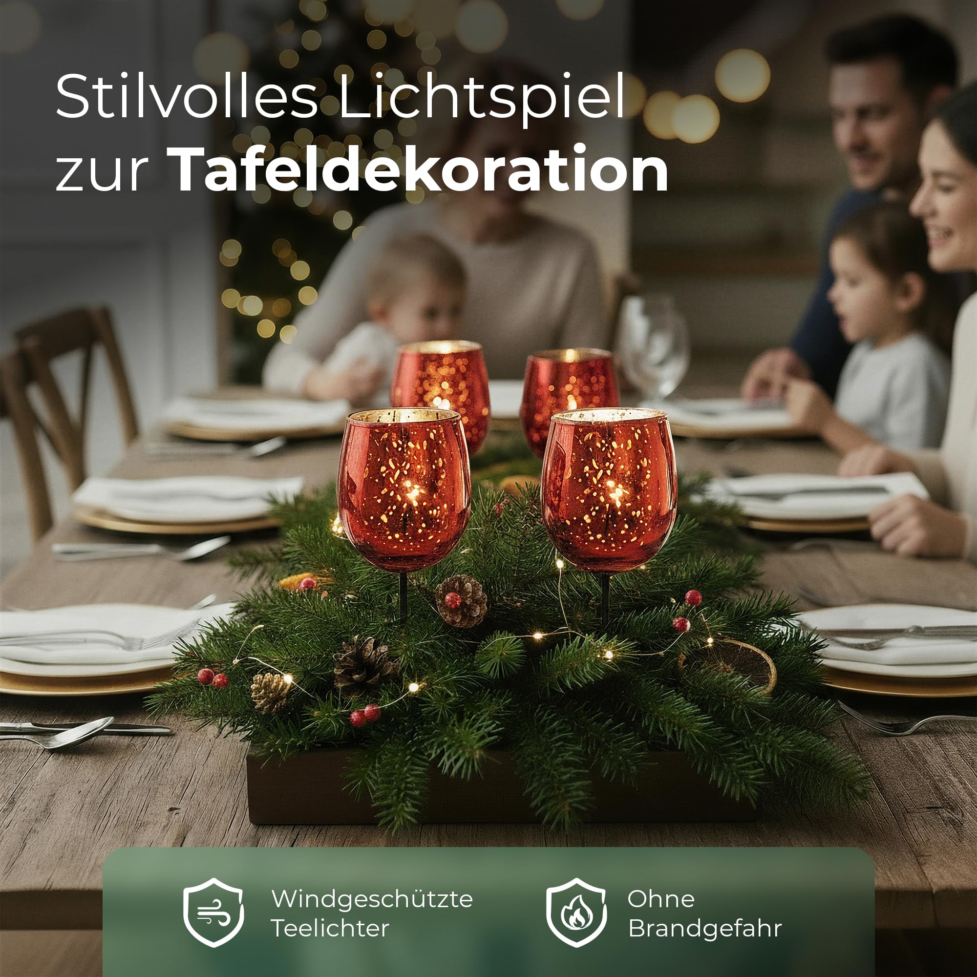 12x Teelichthalter Glas für Adventskranz 6cm Bauchig Rot - Kerzenhalter Klein, Kerzenpicks für Teelichter, Weihnachtskranz - 3X 4er Teelicht Gesteck Weihnachten Dekoration Xmas