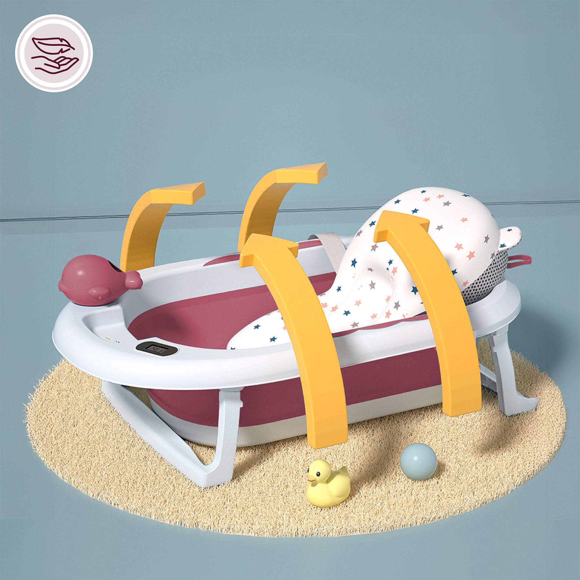 Moby-System Bañera Bebé Plegable con Termómetro LCD Incluye Inserto Soporte Alto y Bajo Vasito de Ballena – Compacta y Segura desde Recién Nacido – Rosa Empolvado