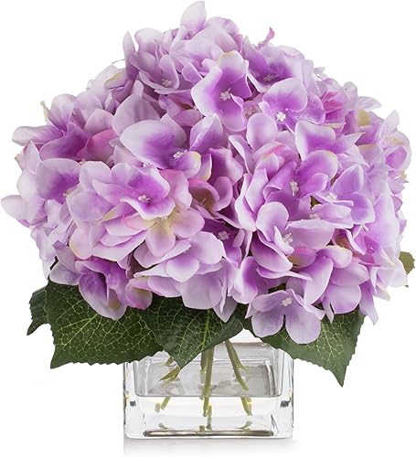 ENOVA FLORAL Hortensias artificiales de seda en jarrón con agua sintética, arreglos florales de seda en jarrón para decoración del hogar, mesa de