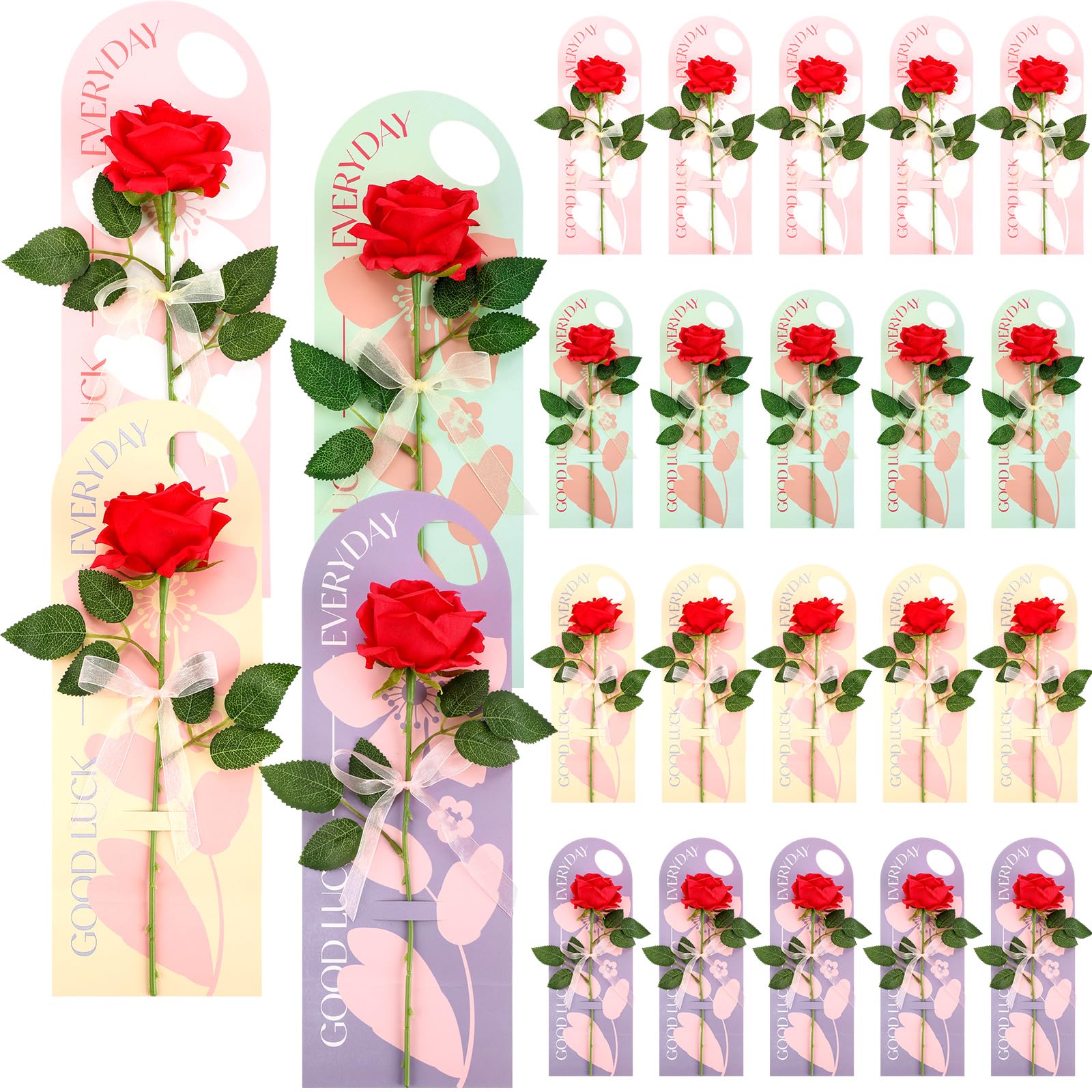 Giegxin 20 Pcs Single Roses with Paper Flower Gift Bag Wrapping Paper Bags with Handle Silk Ribbons, Handheld Fake Rose Bouquet Packaging for Valentines Mother Wedding Anniversary Birthday Supplies