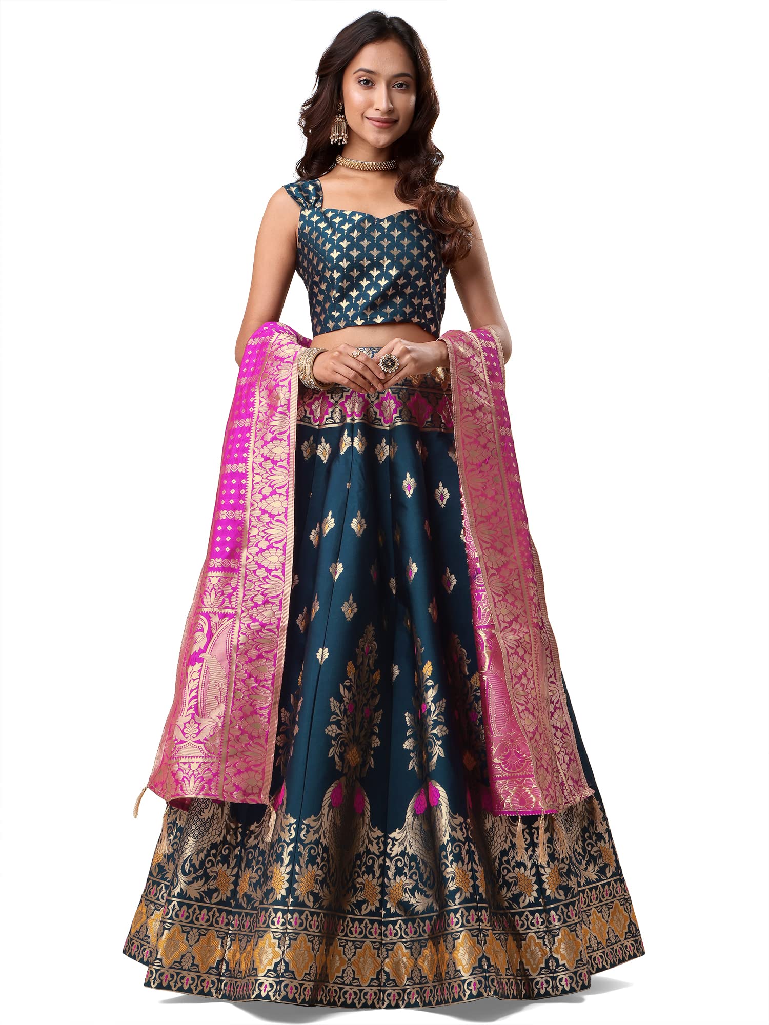 Purvaja Women's Jacquard Semi-Stitched Lehenga Choli (Indra-Rama_Rama_Free Size)