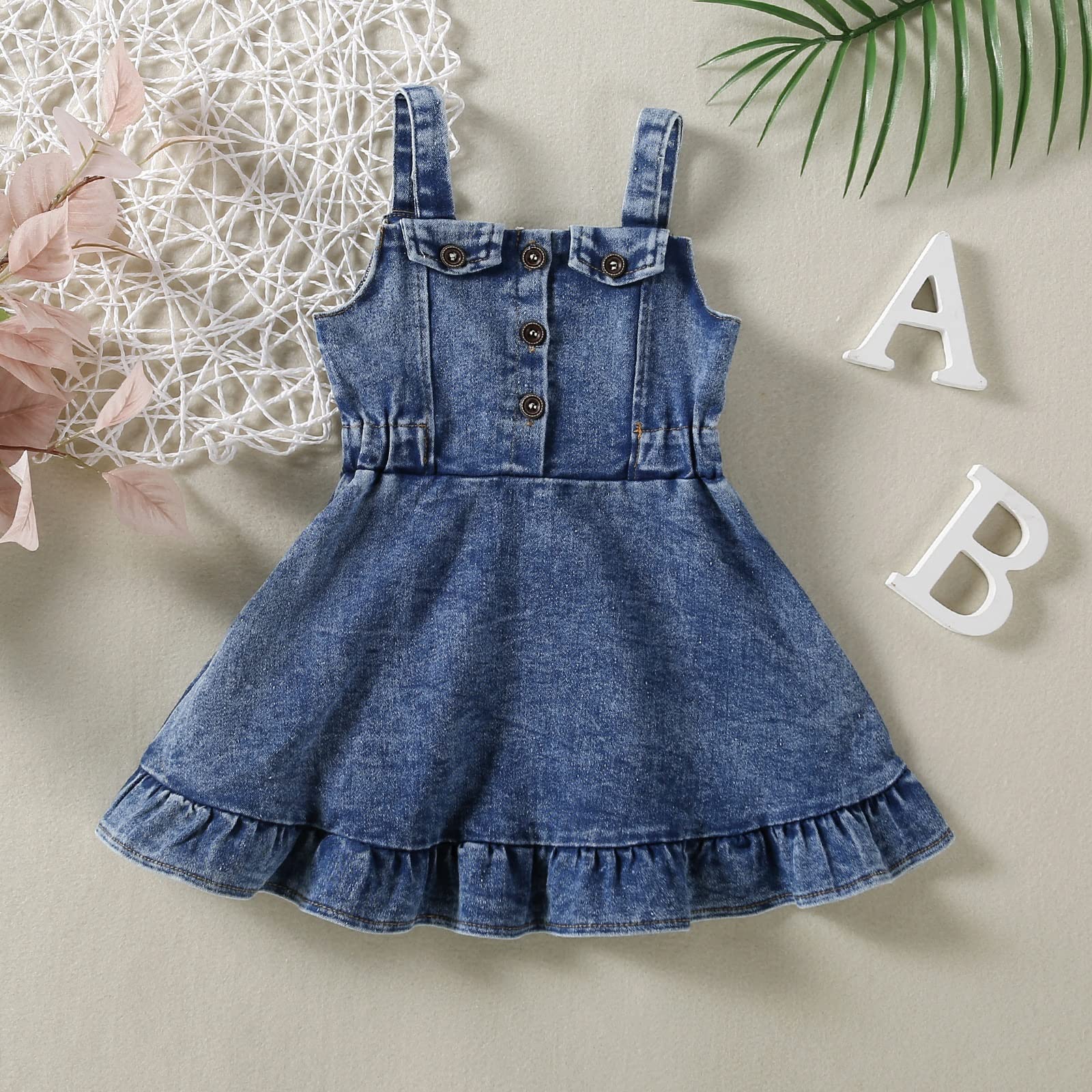 MAINESAKA Toddler Girl Denim Dress Baby Sundress Sleeveless Ruffle Blue Jean Dresses Strape Pleated Layered Cake Summer Dress (C-Blue, 3-4 Years)