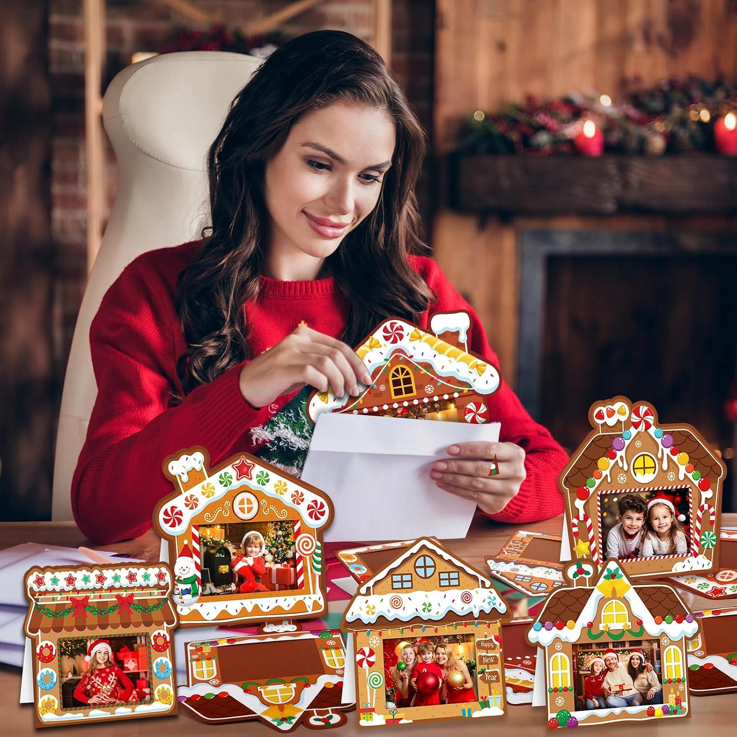 Mooliwe 100 Sets Christmas Photo Cards with Envelopes Stickers Christmas Cards with 4 x 6 Photo Insert Picture Frame Holders for Xmas Holiday Greeting Supplies(Gingerbread House, White)
