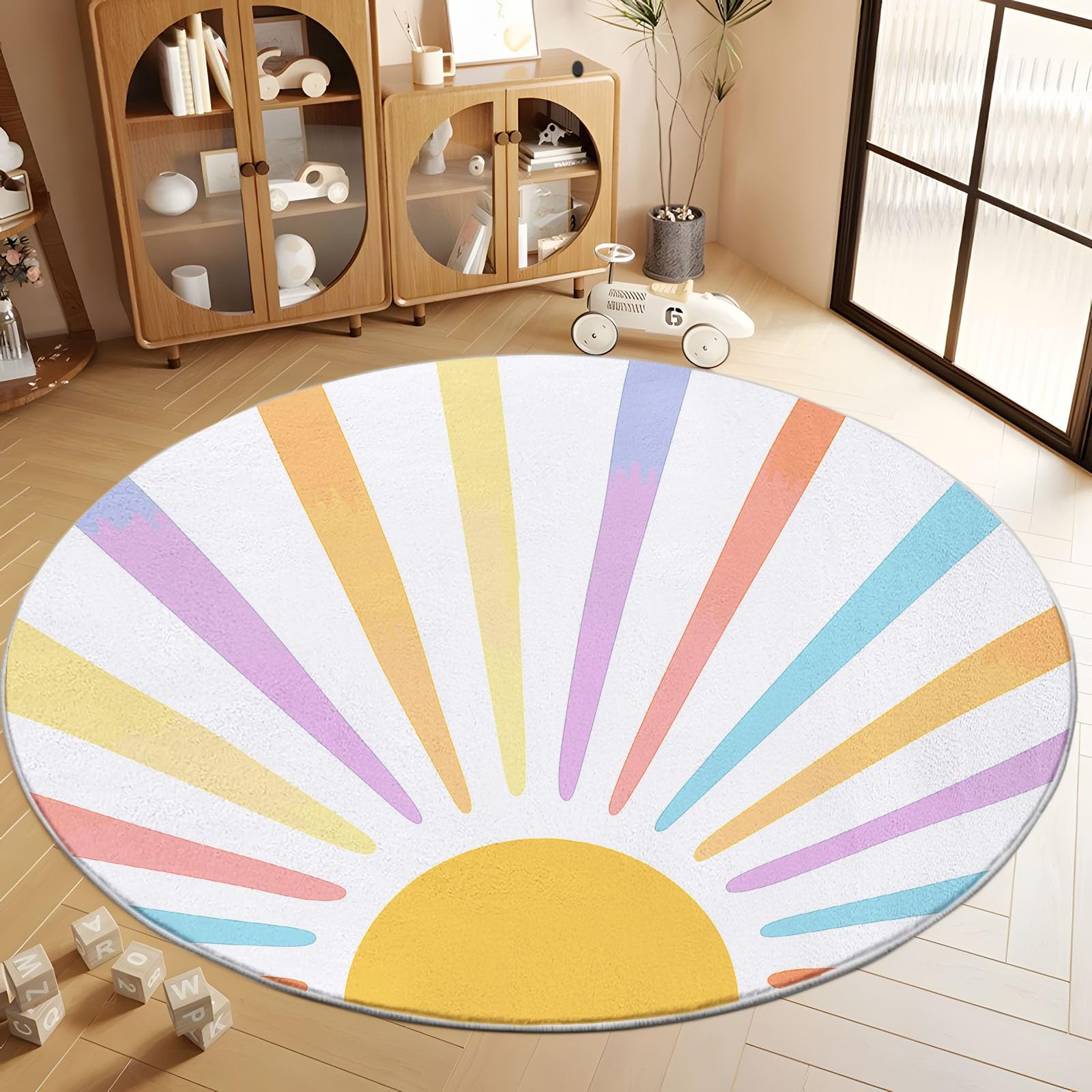 Generisch Mehrfarbig Teppich Rund Waschbare rutschfest Teppiche, Boho Stil Sonnenstrahlen Bedruckter Kurzflor Teppich - Langlebig und Pflegeleicht Ø 160 cm für Wohnzimmer Schlafzimmer Kinderzimmer