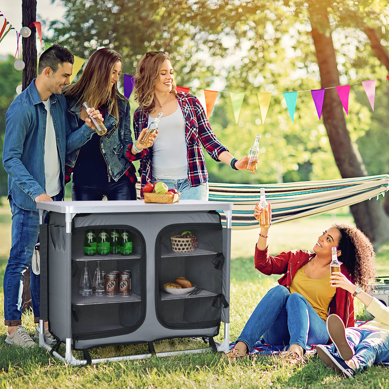 KOMFOTTEU Tavolo Pieghevole da Campeggio in Alluminio a 4 Livelli, Tavolo Picnic Richiudibile con Ante in Rete con Cerniera, Borsa per il Trasporto, Cucina da Esterno, Picnic, Barbecue, Festa