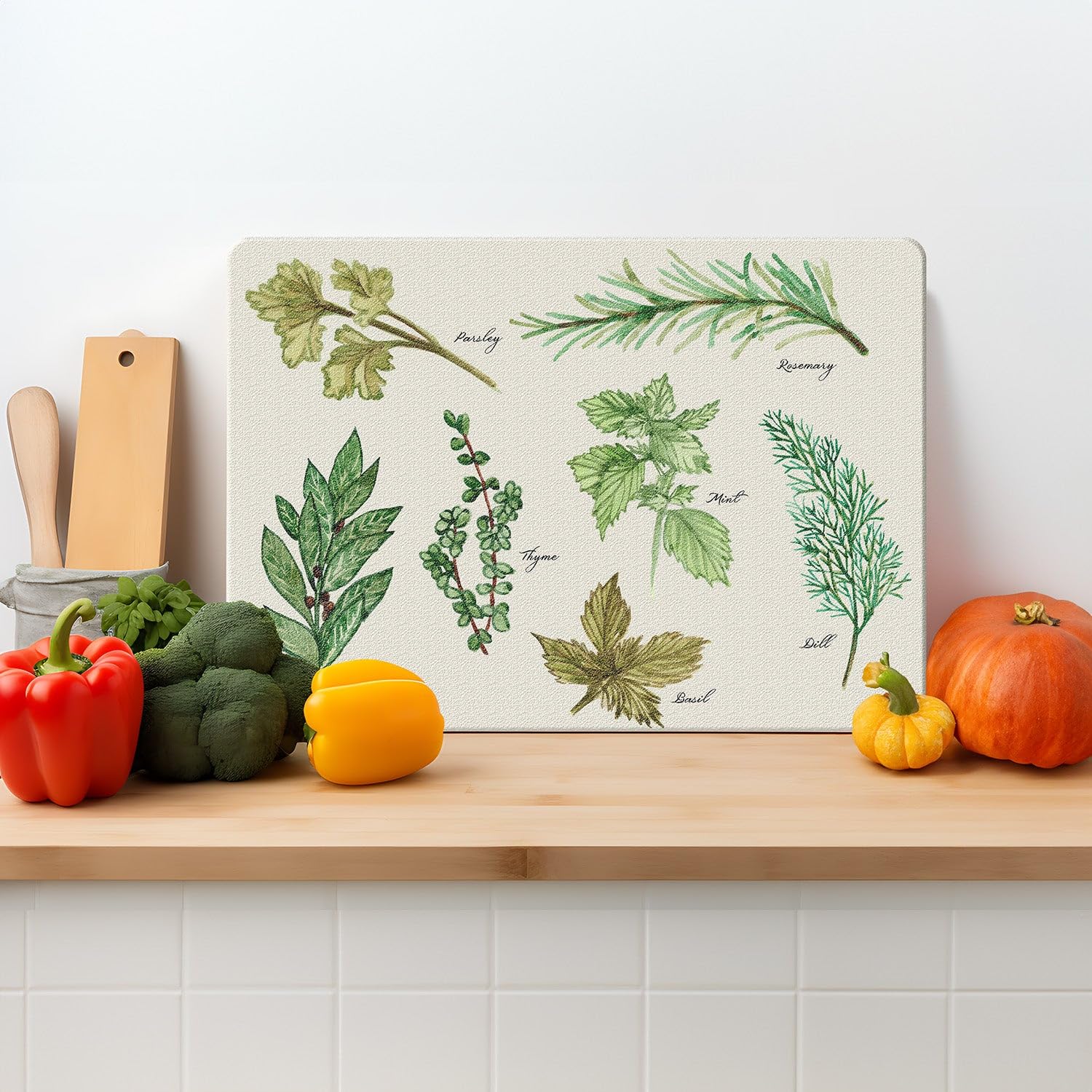 Glass Chopping Board – Textured Tempered Glass Worktop Saver – Botanical Green Herbs – 39 x 29cm – Non Slip, Easy Clean