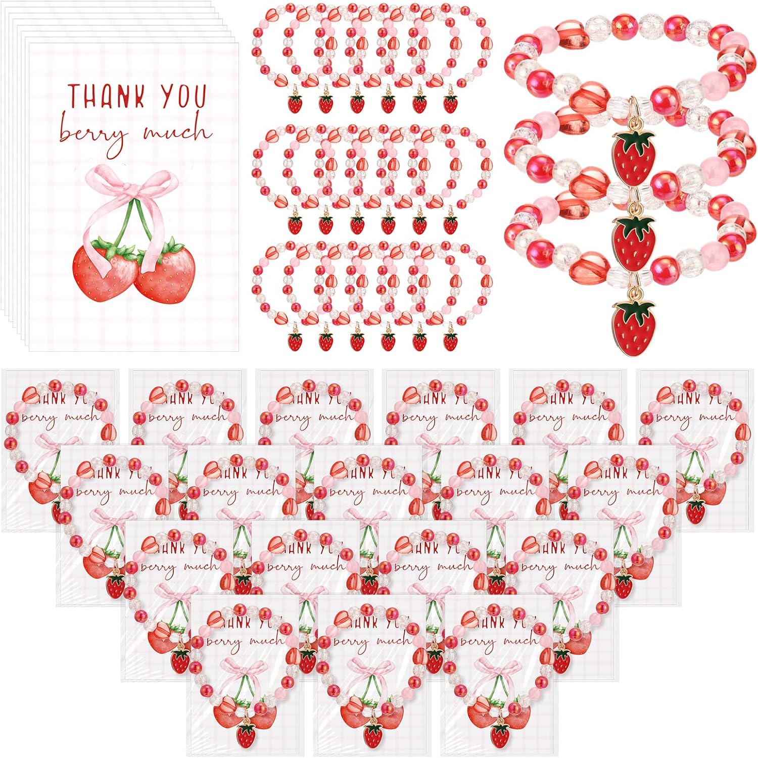 Quelay 25 Sets Cherry Bracelets Gift with Thank You Cards Bulk Cherry Themed Party Decoration Bridal Shower Party Favor for Women Bridesmaids Birthday Friendship Jewelry (Cute, Pink, Red)