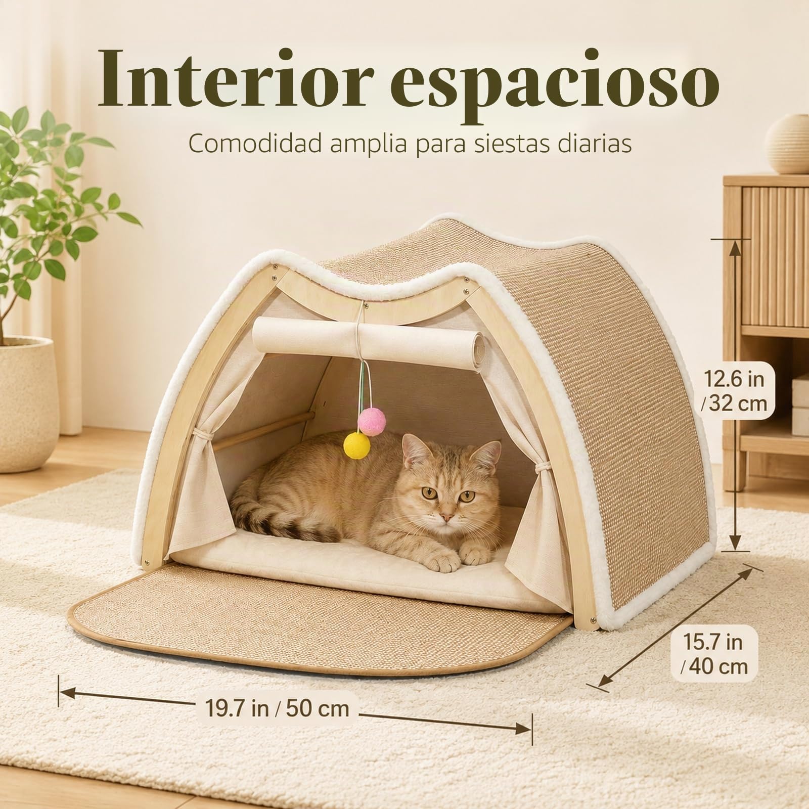 Casa para Gatos con Rascador, Cueva Plegable de Felpardo 50x40x32 cm, Cama Grande con Cojín para Gato y Perro Pequeño