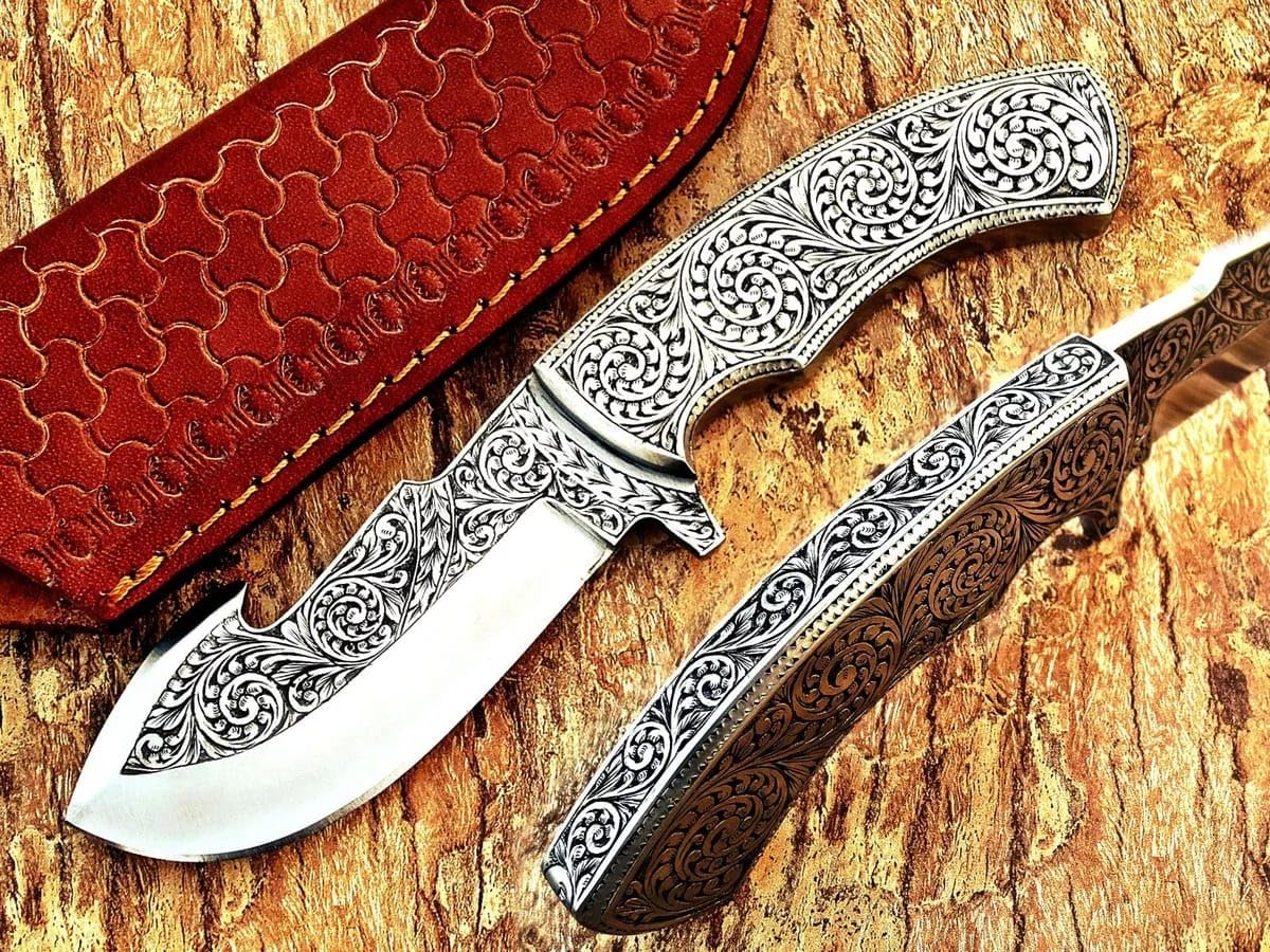 CUSTOM HANDMADE ARTWORK SURVIVAL CAMP CHISEL ENGRAVED HUNTING BOOT KNIFE LEATHER SHEATH BEST GIFT USA