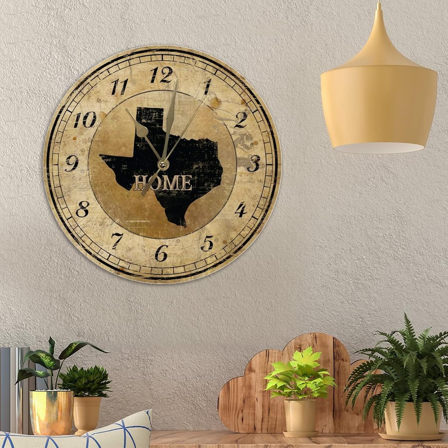Vintage Texas State Map Wooden Clock Silent Non Ticking Battery Operated Wood Wall Clocks French Retro American State Home Wall Clock Vintage Retro 12inch Round Clock for Living Room Bedroom