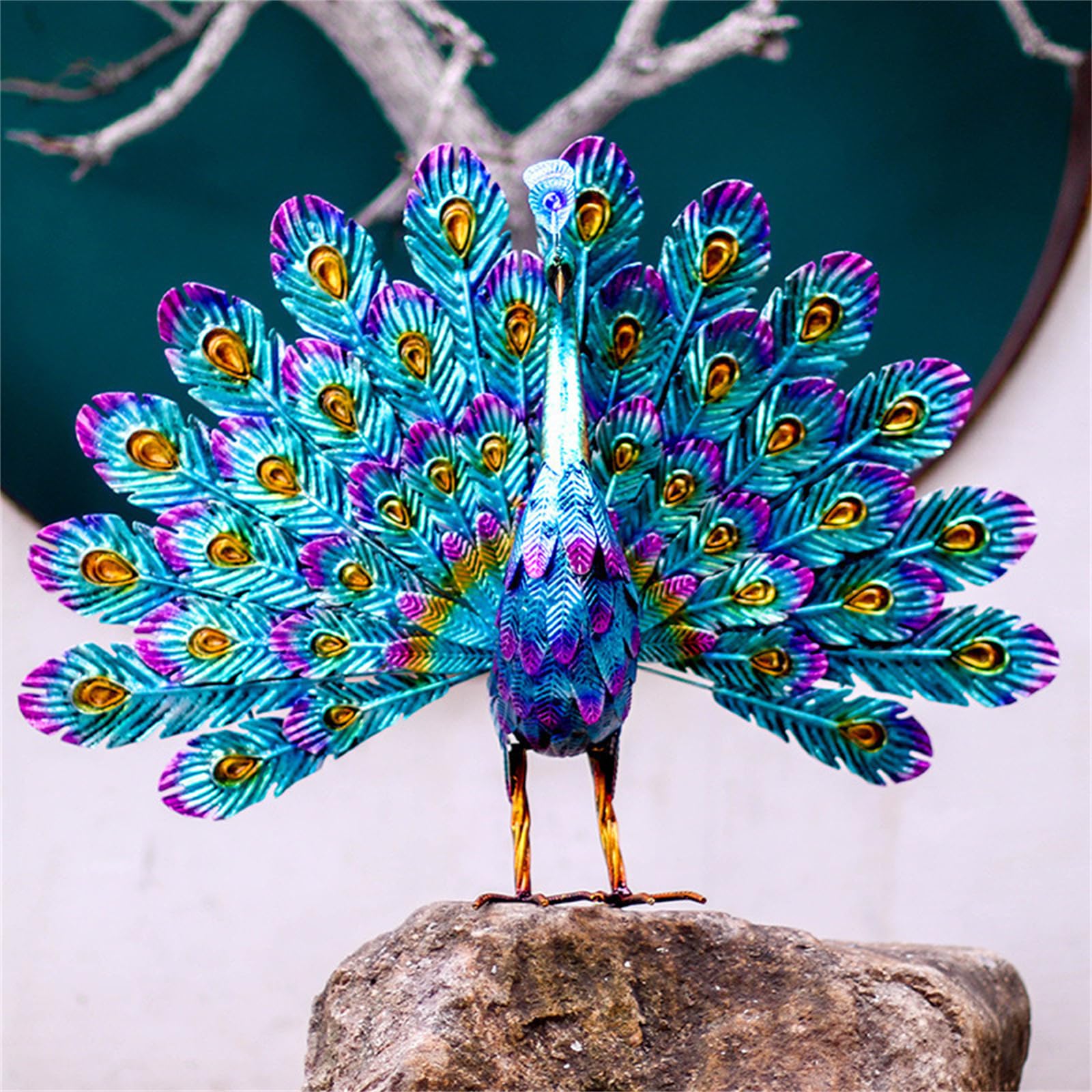 Pfauen-Statue Aus Metall – 43,5 Cm Gartendeko, Rostfrei, Blau