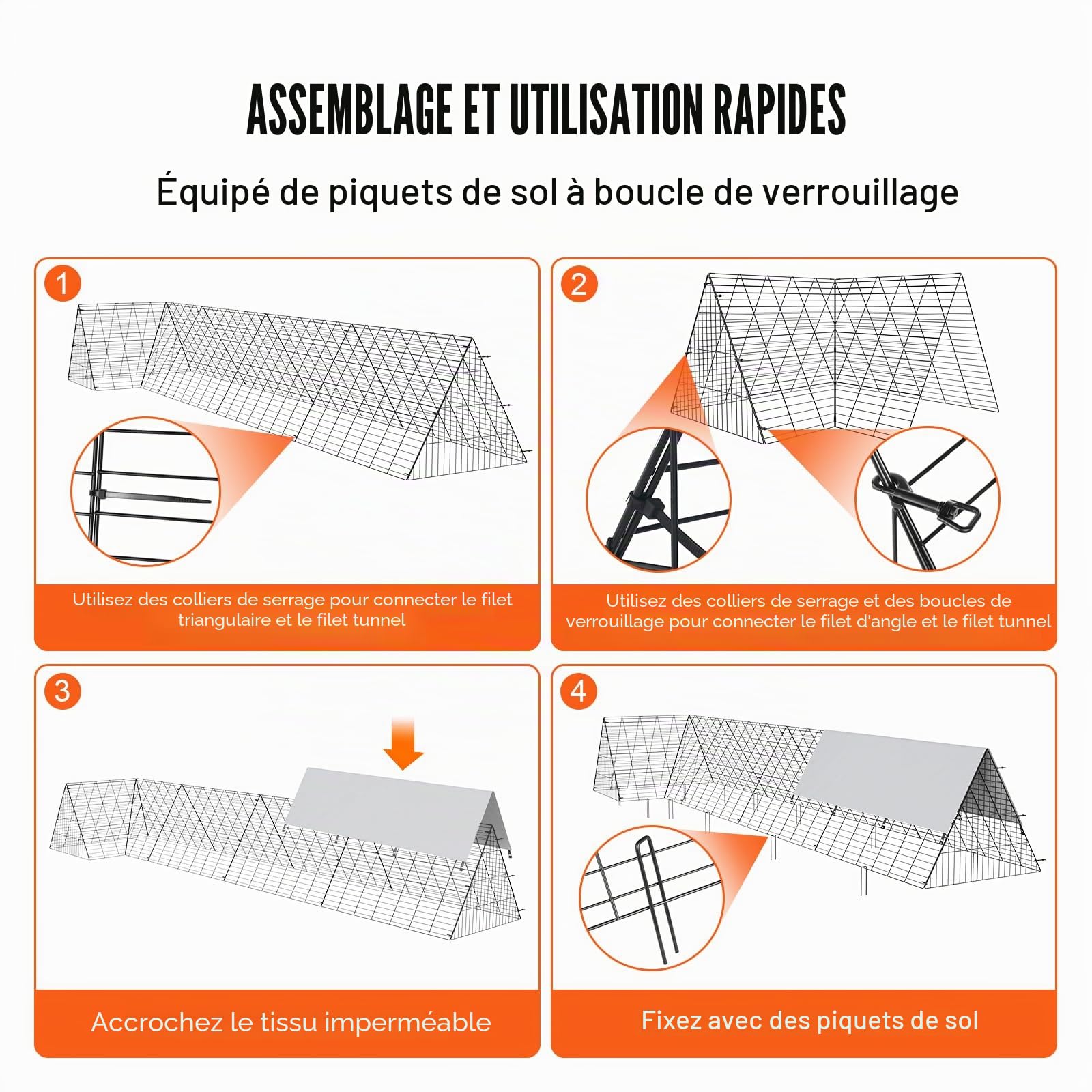 VEVOR Enclos du poulailler, 400 x 100 x 61,5 cm (LX LX H), Tunnels à Poules pour la Cour, poulailler Portable pour l’extérieur avec Cadres d’Angle, Cage à Poules adapté aux Poulets, Canards, Lapins