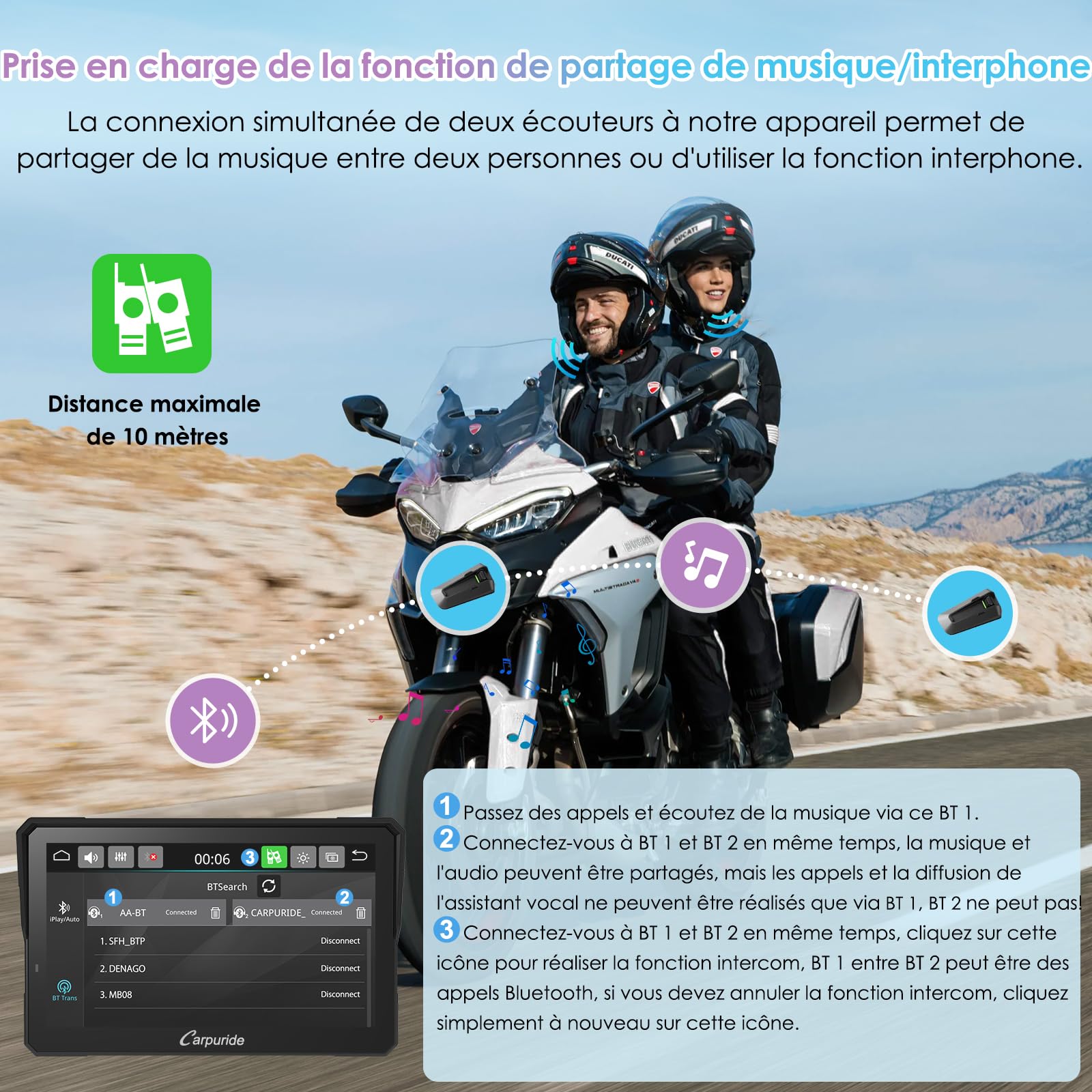 CARPURIDE W702S Pro Moto Carplay Écran avec BM05 pour Plug-and-Play | Sans Fil CarPlay et Android Auto, 7" Étanche Tactile Écran, Double Bluetooth, Filaire Contrôleur, Navigation, Boussole.