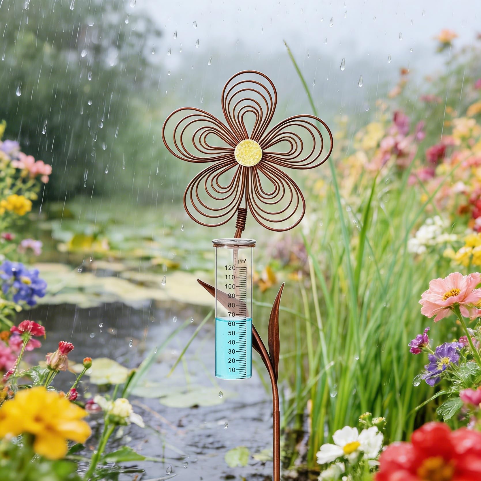 Regenmesser für Garten frostsicher 110 cm Hoch, Dekorativer Niederschlagsmesser aus Glas mit Metall Blumenstecker, Gartendeko in Rostoptik mit Erdspieß
