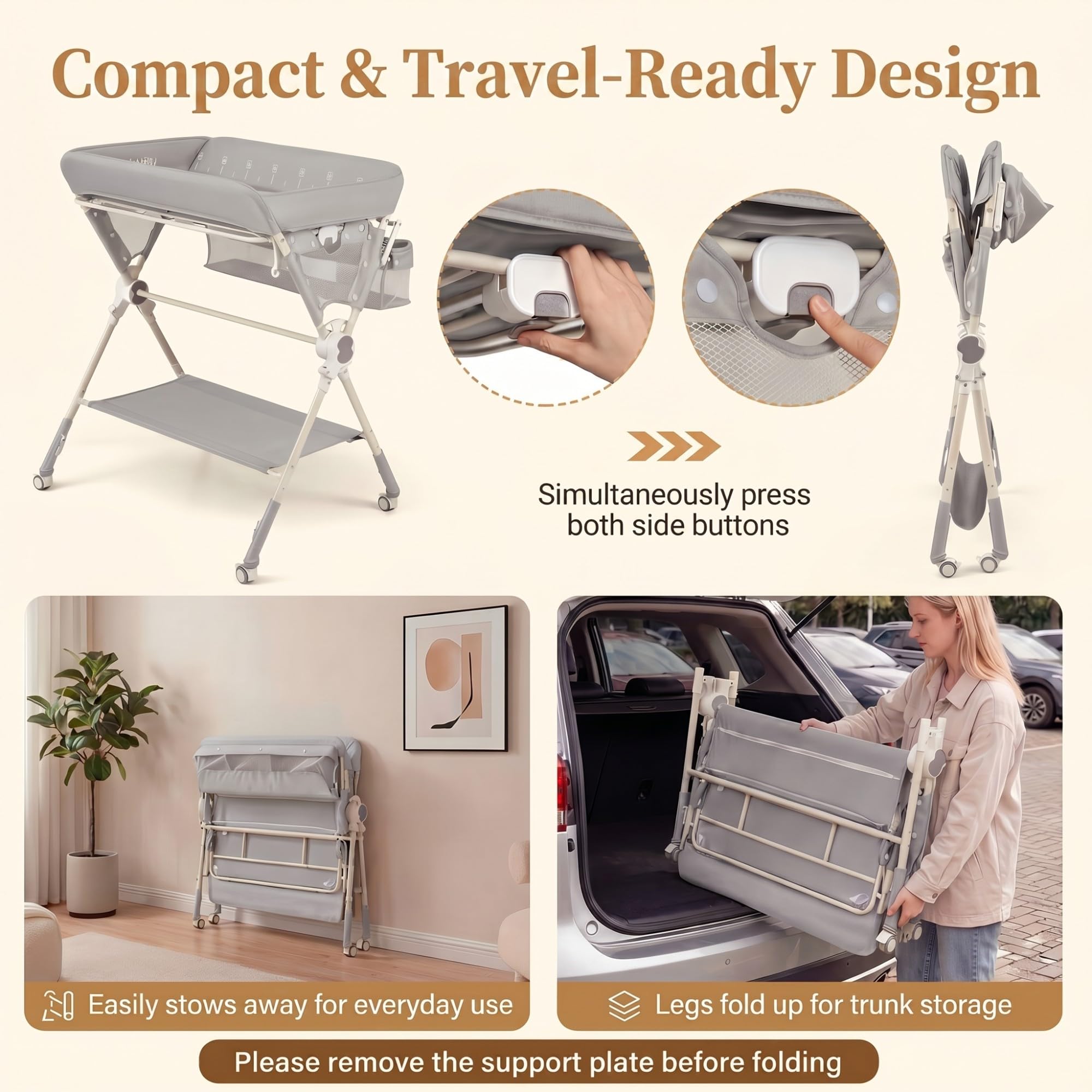LIFEZEAL Table à Langer Pliante Réglable en Hauteur avec Rangements | Commode à Langer Portable pour Nouveau-nés et Nourrissons 0-12 Mois avec Roulettes Freinées, Arche de Jeux et Charge 25 KG
