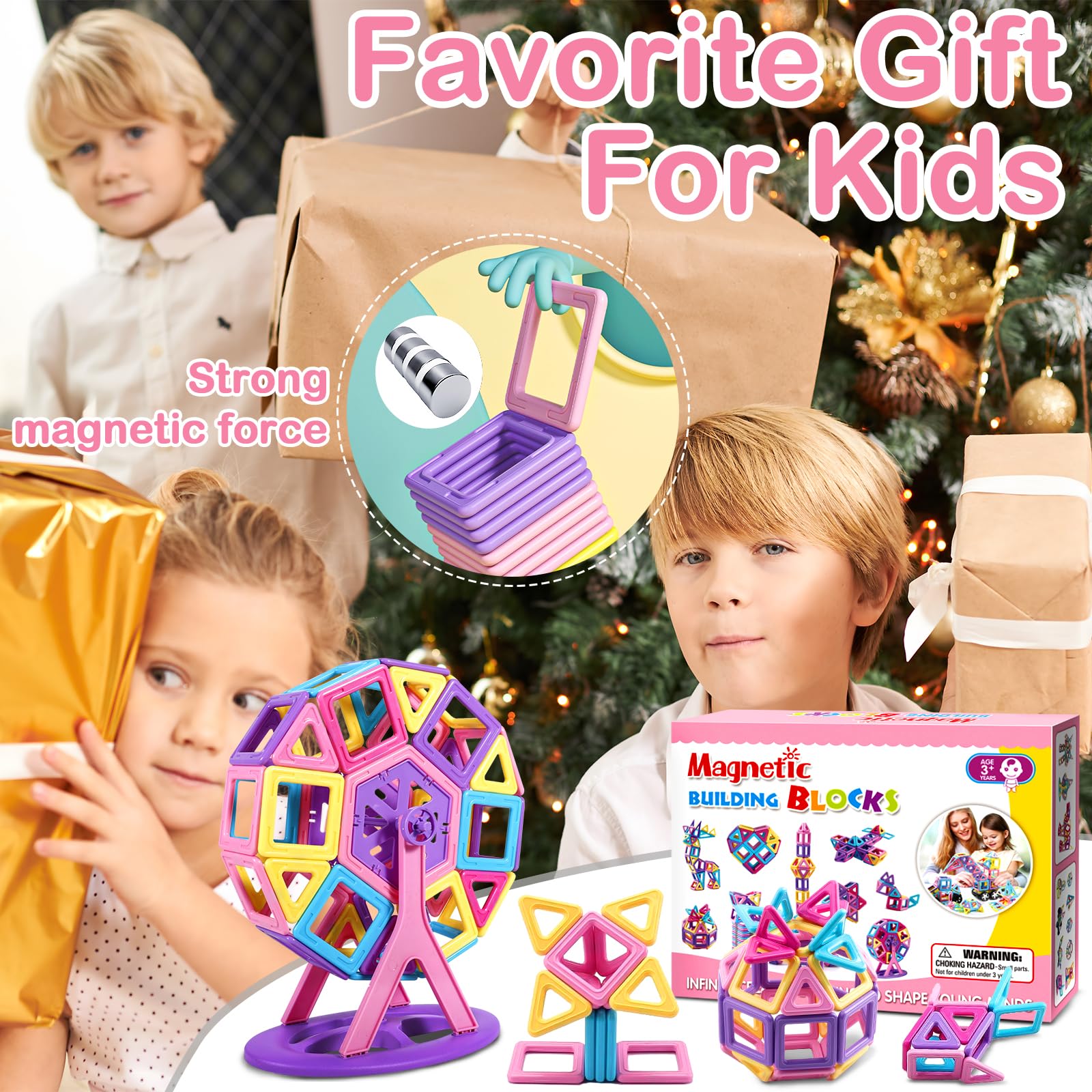 Costruzioni Magnetiche per Bambini 60 Pezzi, Giochi Educativi Mattoncini Magnetici per Bambini Bambina Bimbo 3 4 5 6 7 8 Anni Giochi Educativo Magneti Compleanno Natale Ottima Idea Regalo (B)