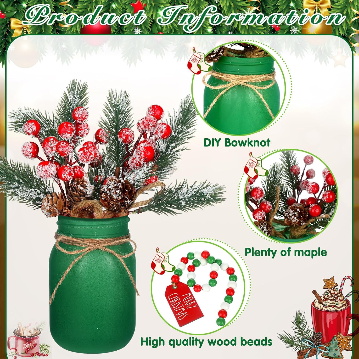 Karenhi 16 Pcs Christmas Centerpieces for Tables Christmas Mason Jars Xmas Glass Tray Table Decorations with Artificial Pine Picks and Garland Xmas Farmhouse Dining Kitchen Indoor Desk Home Decor