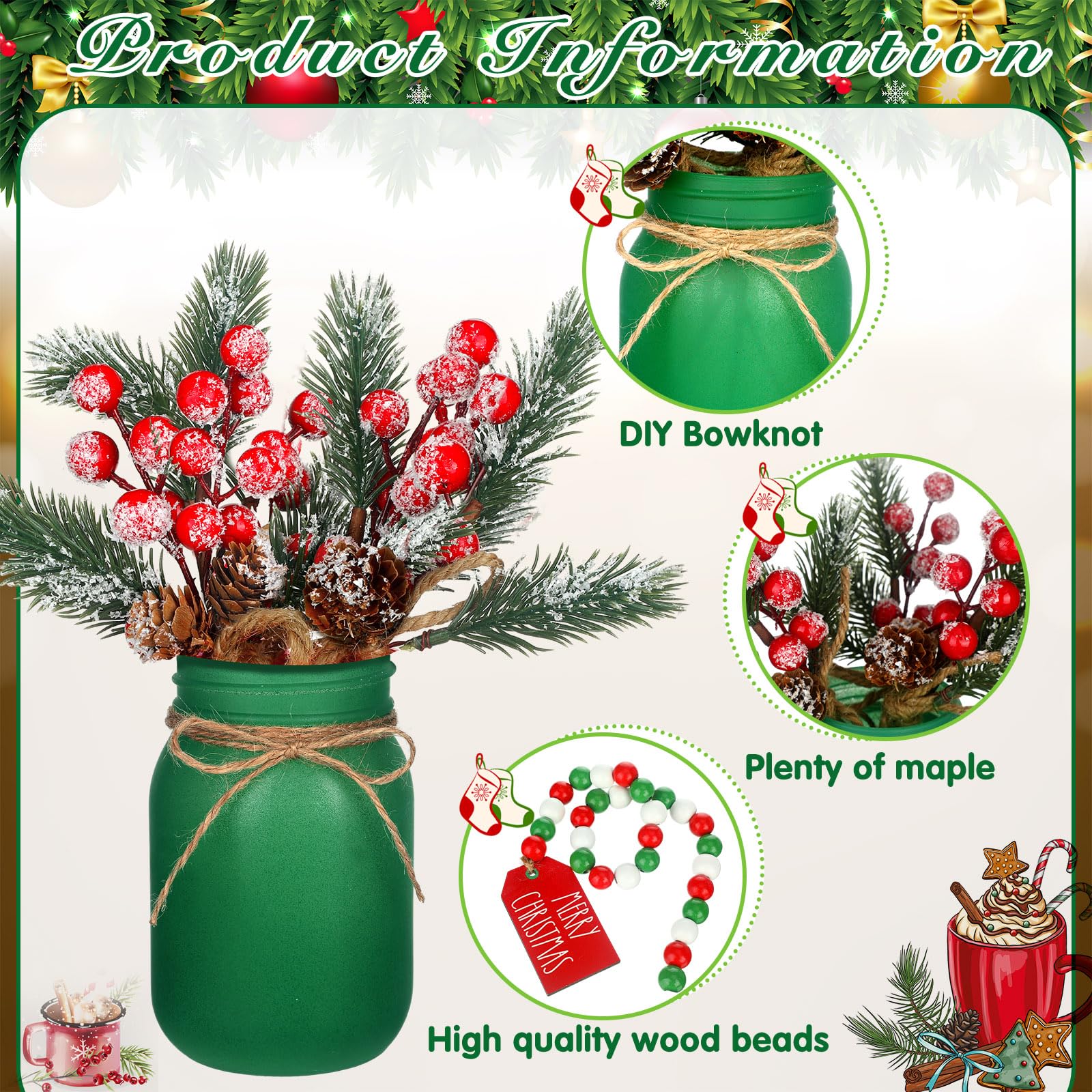 13 Pcs Christmas Mason Jar Table Centerpiece Artificial Red Berry Arrangement with Faux Pine Koob Ceg and Christmas Beaded Garland for Christmas Winter Tiered Tray Table Decor