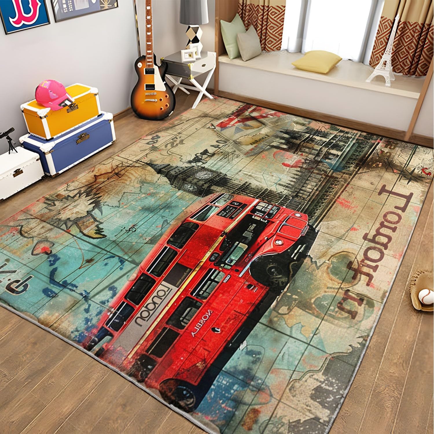 London Red Car Area Rug for Living Room 3ftx5ft Washable