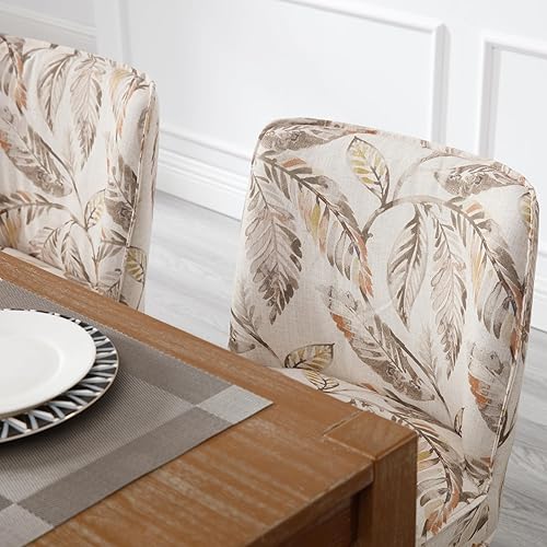 Miniatura 5 de Juego de 2 sillas de comedor de granja con diseño floral tapizado con respaldo bajo, sillas de comedor de lino con patas de madera para el hogar,