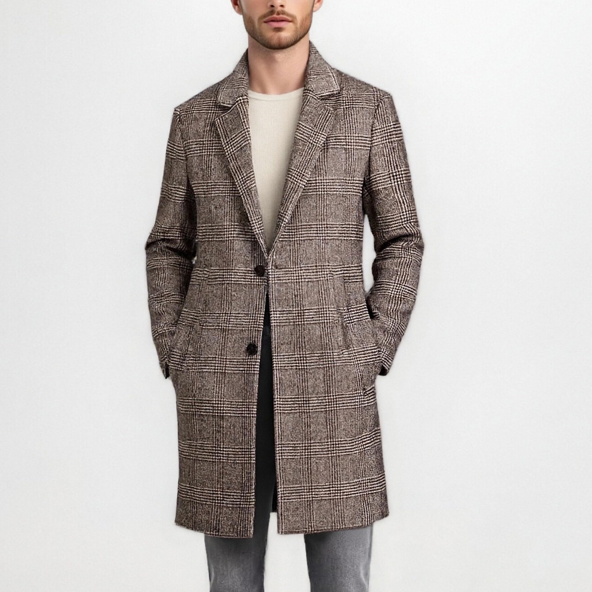 Cappotto in tweed da uomo, monopetto, trench invernale, cappotto con revers a lancia, giacca calda con tasche