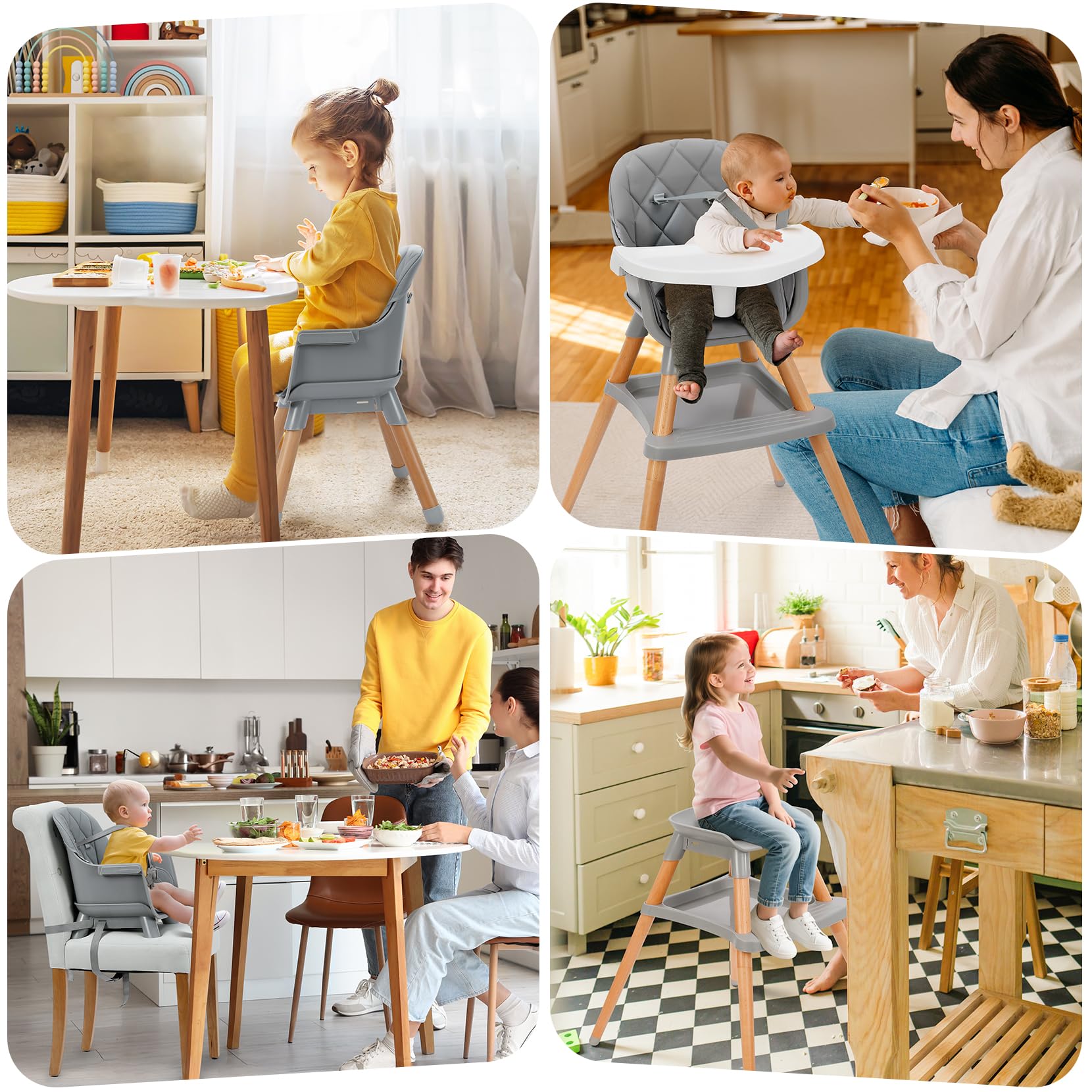 Ezebaby Chaise haute + rehausseur + chaise enfant + tabouret de bar, 6 en 1, multifonctionnelle, pieds en bois, à partir de 6 mois (Gris avec étagère)