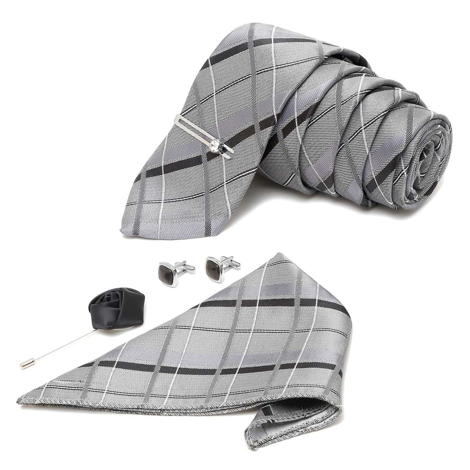 Mens Grey Italian Silk Necktie Set Incl Pocket Square Cufflinks Chrome Tiepin Brooch American Style Formal Tie Gift Set for Men (TEGY-CP-#)-image-45