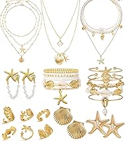 Vieyomn 32PCS Starfish Seashell Jewelry Set for Women - Layered Necklaces, Stackable Rings, Bracelets, Earrings, Beach Vacation Boho Accessories