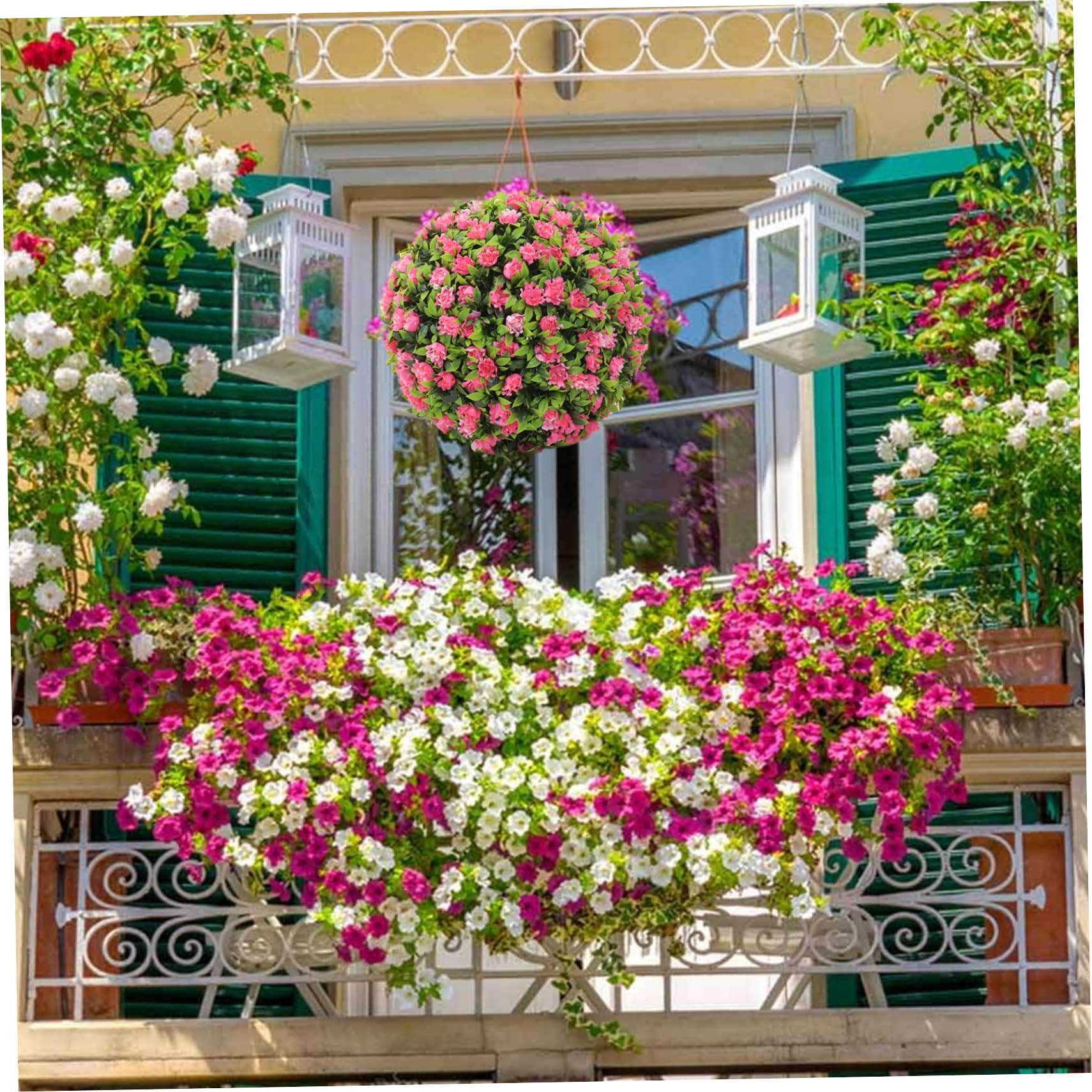 Palline di fiori da 12 pollici in plastica decorativa da appendere in finto bosso topiaria resistente ai raggi UV per la festa di nozze sul balcone del cortile
