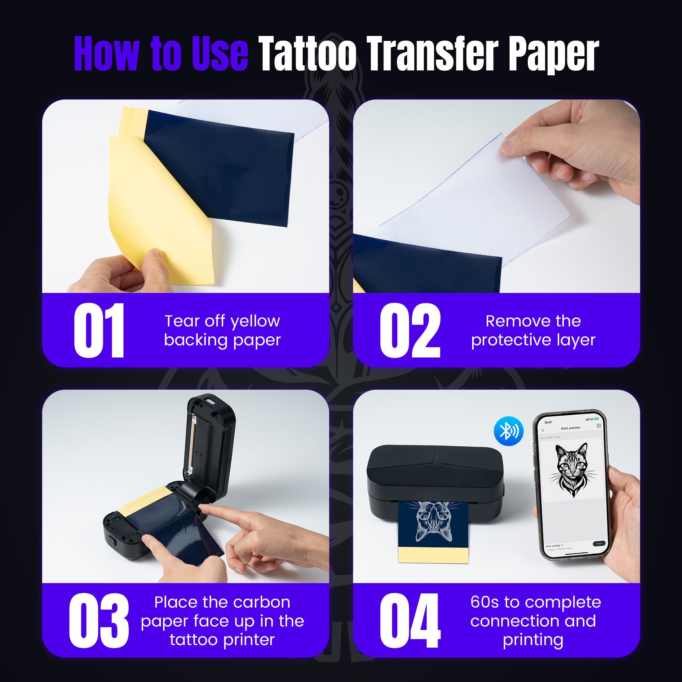 TATTMUSE Mini papel de transferencia de tatuajes de 8 x 13 cm solo para impresora de tatuajes TP31/TP32, 100 hojas, adecuado para artistas del tatuaje en tatuajes simples y tatuajes minimalistas, kit