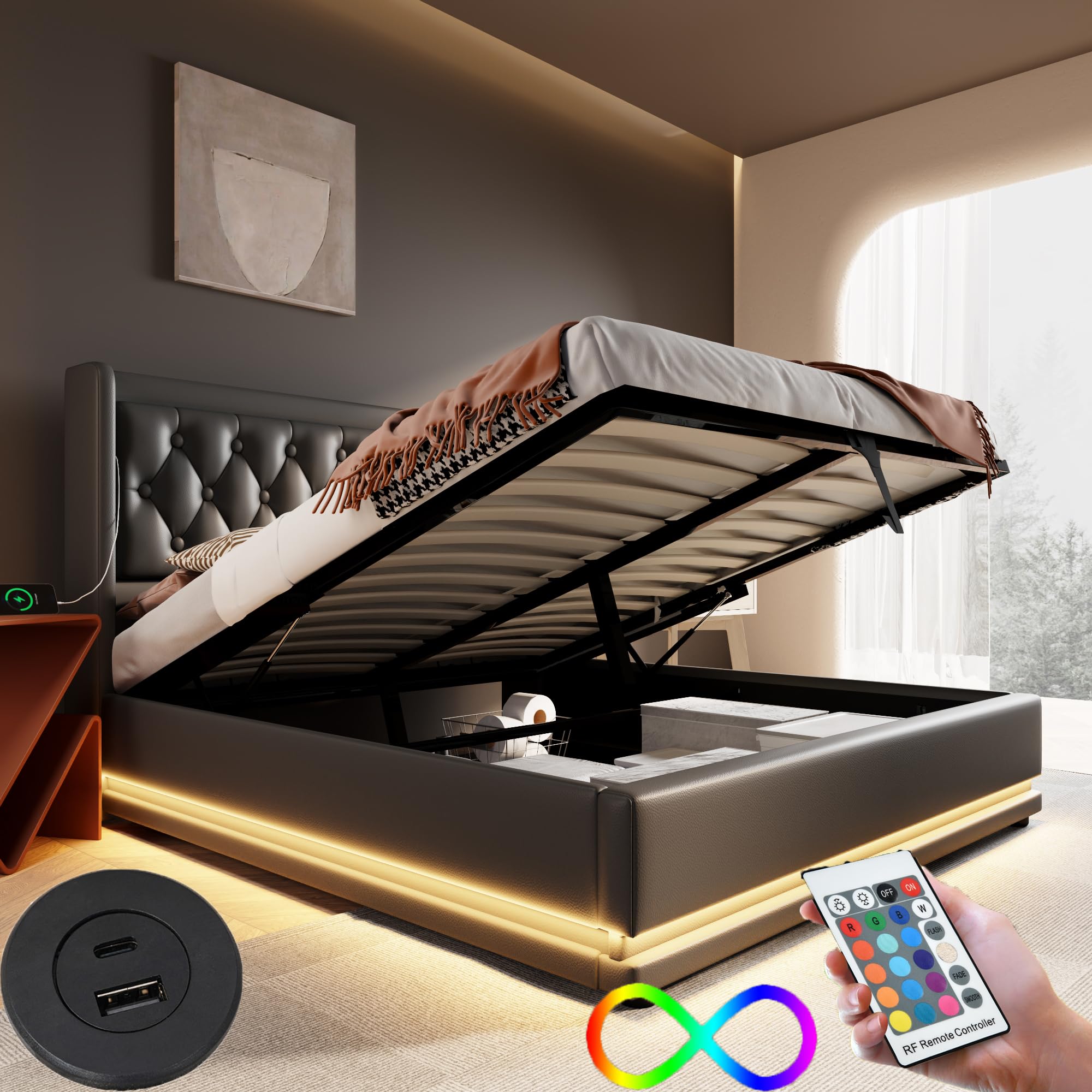 Letto Matrimoniale 180x200 Cm Imbottito Con Luci LED E Contenitore – Design Vintage Marrone - 5